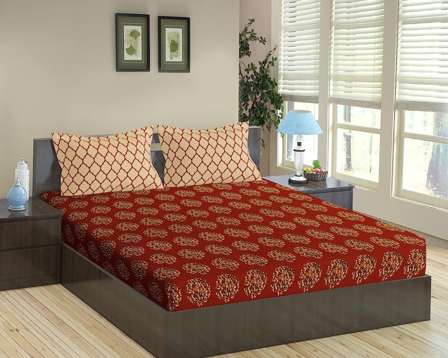 Trance Home Linen 100% Cotton King Size Bedsheet for Double Bed, 1 Cotton Bed Sheet Double Bed (108x108 Inches) with 2 Pillow Covers | 200 TC Bed Sheet Double Bed (9x9 Feet | Damask & Dori - Clay Red) (B092R1CXCM) Amazon Price History, Amazon Price Tracker