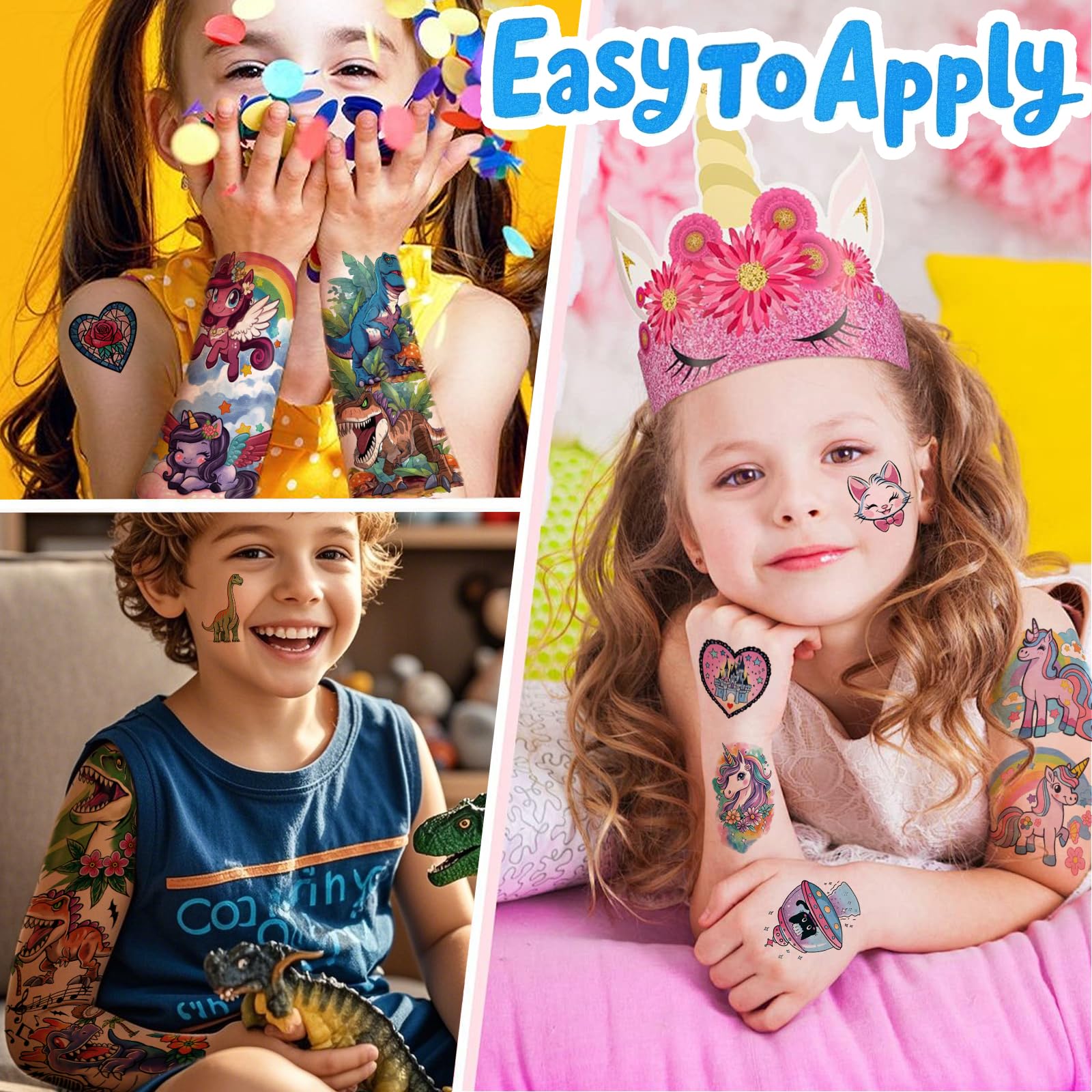 52 tatuajes temporales para niños, de brazo completo, sirena, mariposa, gato, camión, dinosaurio, cohete, planeta, lindo animal, cara, tatuajes de brazo falso para niñas y niños, calcomanías de 6