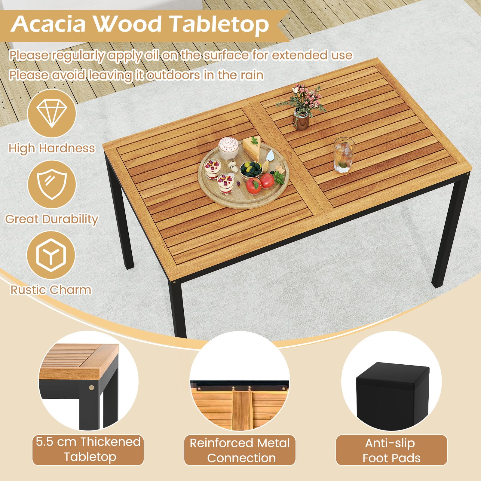 KOMFOTTEU Tavolo da Giardino con 2 Sedie e Panca con Foro per Ombrellone e Cuscino Morbid, Set Pranzo da Giardino Ergonomico in Legno di Acacia, Design Impilabile, Set Salotto per Esterno da Balcone