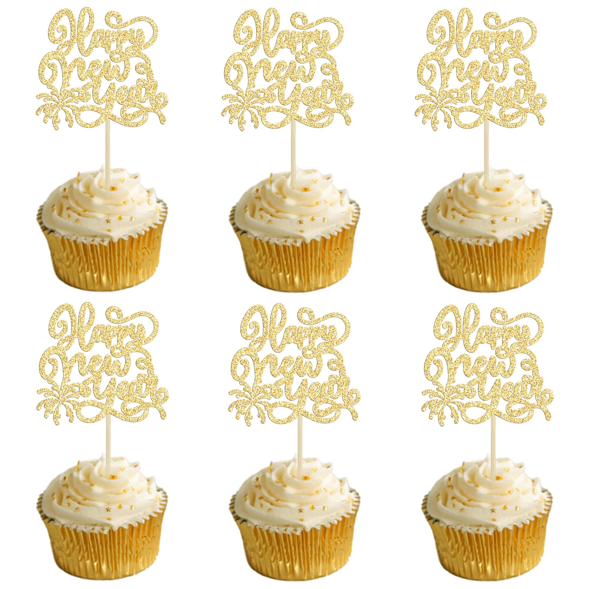 Gyufise 24Pcs 2026 Happy New Years Cupcake Toppers Gold Glitter 2026 Happy New Year Party Decorations for Happy 2026 Cheers to 2026 Hello 2026 New Years Eve Party Decorations Supplies