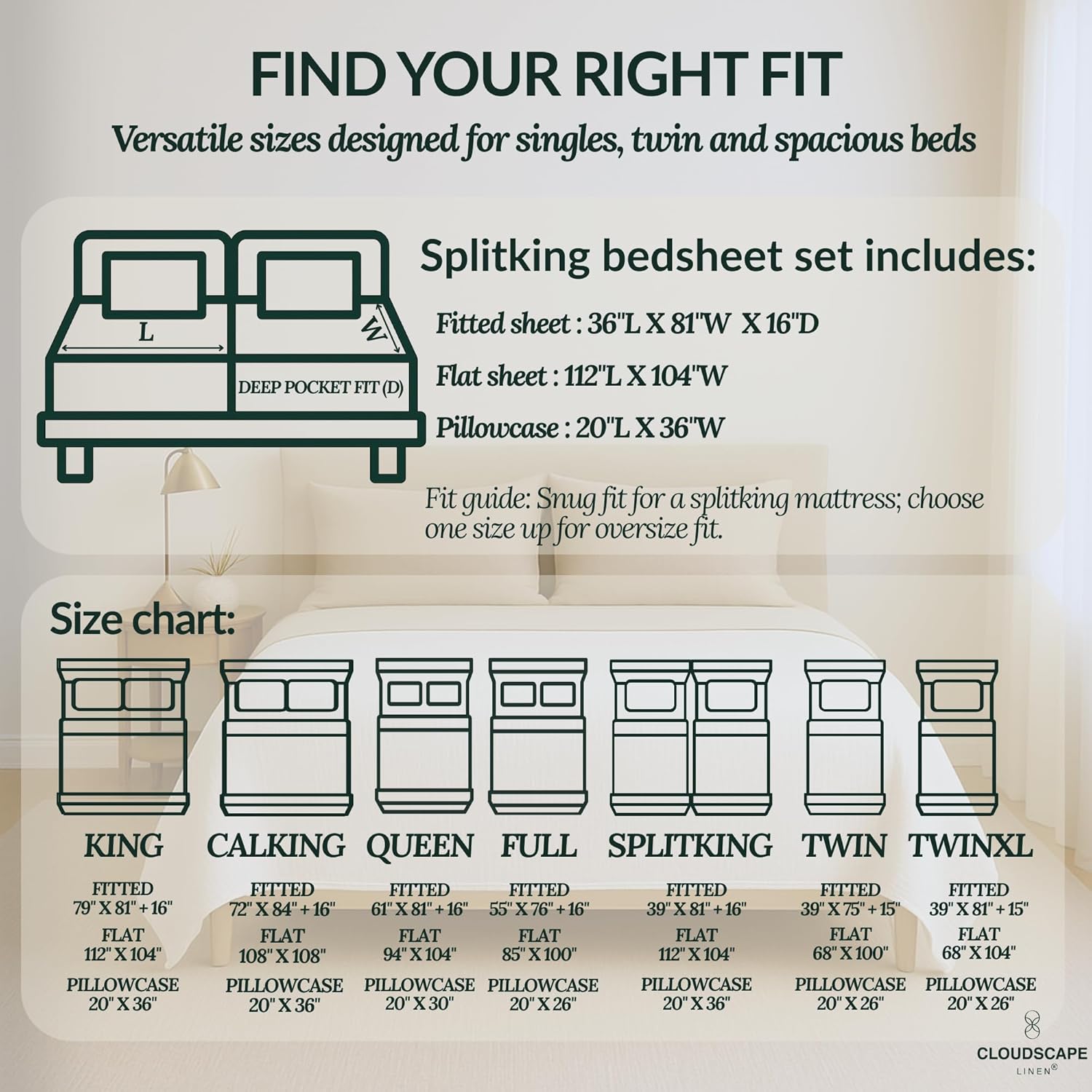 100% Egyptian Cotton Split King Sheet Set for Adjustable Bed, 5 Pcs Bedding Set, 400 Thread Count,Hotel Quality, Soft, Breathable and Durable, Deep Pockets up to 17, Sepia Rose