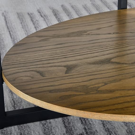 Solid Wood Oval Coffee Table, Industrial 2-Tier Center Table with Storage Shelves, Tea Desk with Metal Legs, Wooden Accent Sofa Side Table for Living Room,Bedroom Apartment, Home Office Natural Color