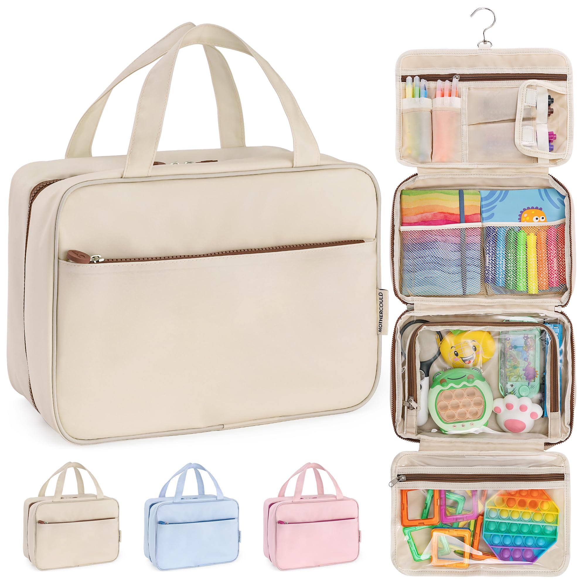 Kids Travel Organizer – Multi-Compartment, Water-Resistant Hanging Bag for Toys, Snacks, & Activities - Compact, Lightweight Design with Hook & Carry