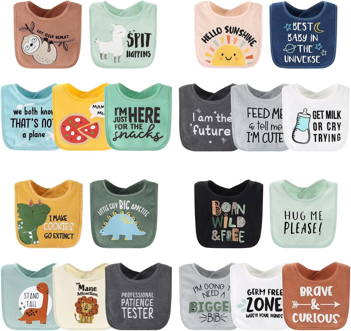 The Peanutshell Terry Bib Set for Baby Boys - 20 Pack for Feeding, Teething, or Drooling - Hello Sunshine & Dino Boy