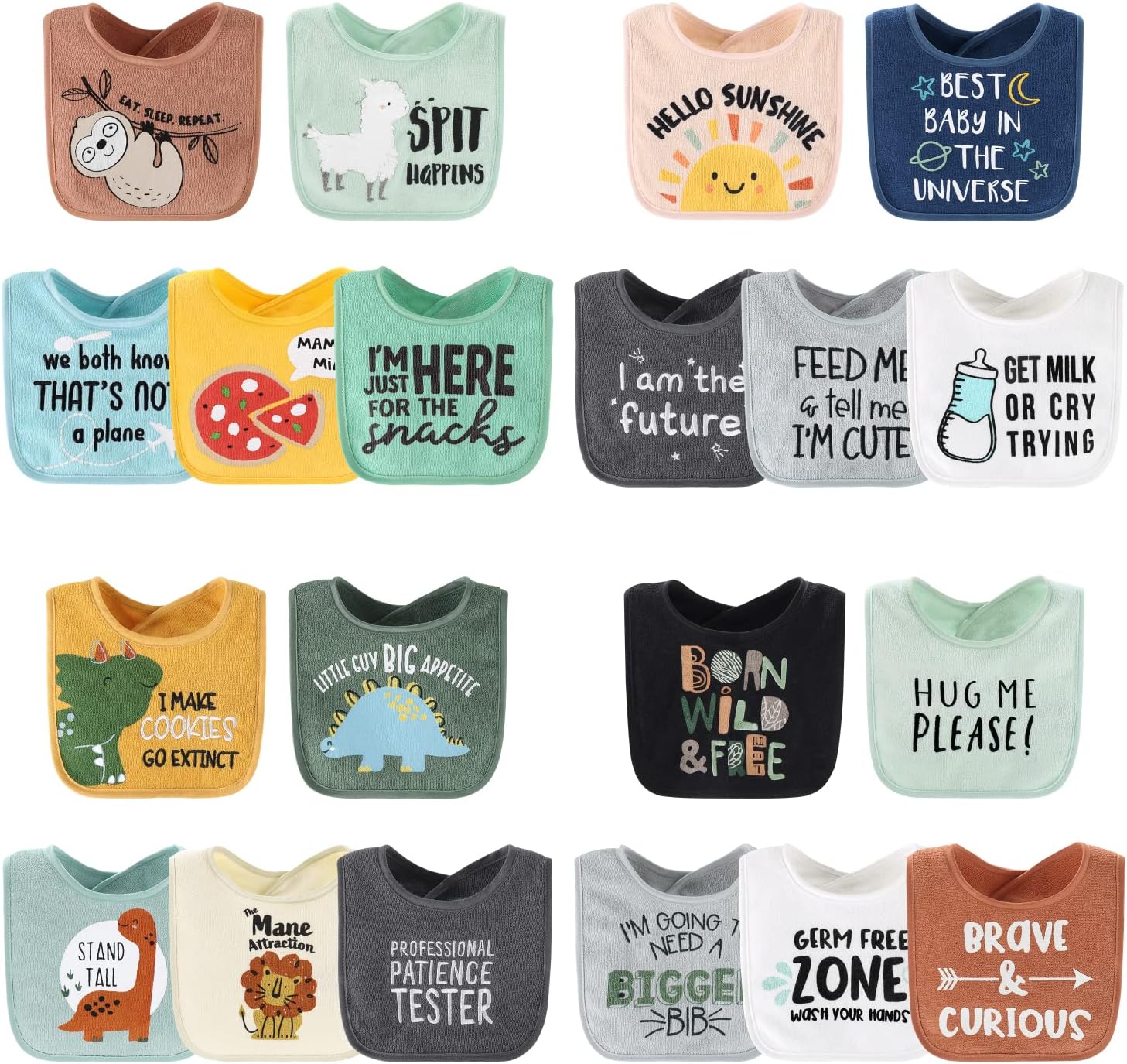 The Peanutshell Terry Bib Set for Baby Boys - 20 Pack for Feeding, Teething, or Drooling - Hello Sunshine & Dino Boy