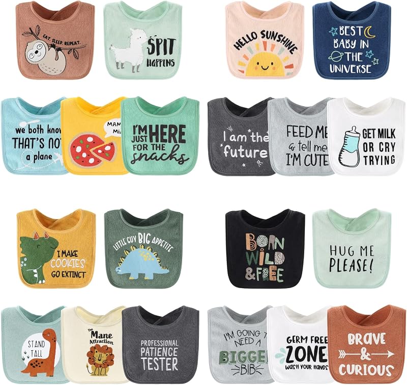 The Peanutshell Terry Bib Set for Baby Boys - 20 Pack for Feeding, Teething, or Drooling - Hello Sunshine & Dino Boy