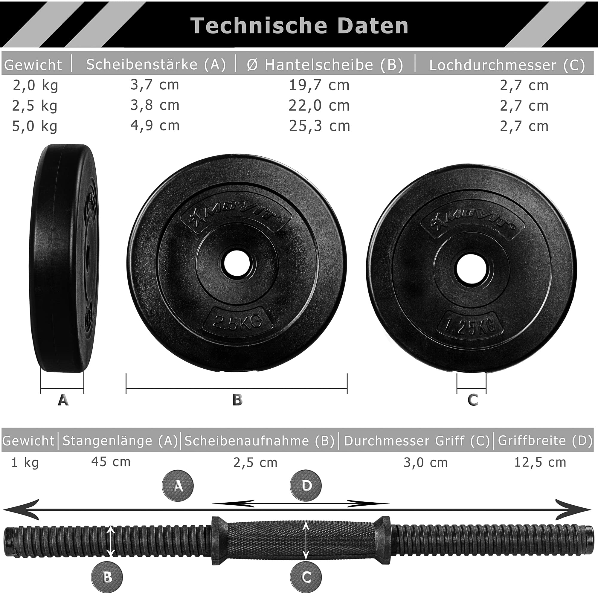 Barre Haltère Court MOVIT - Chromée Moletée 35cm Ø3cm 2kg