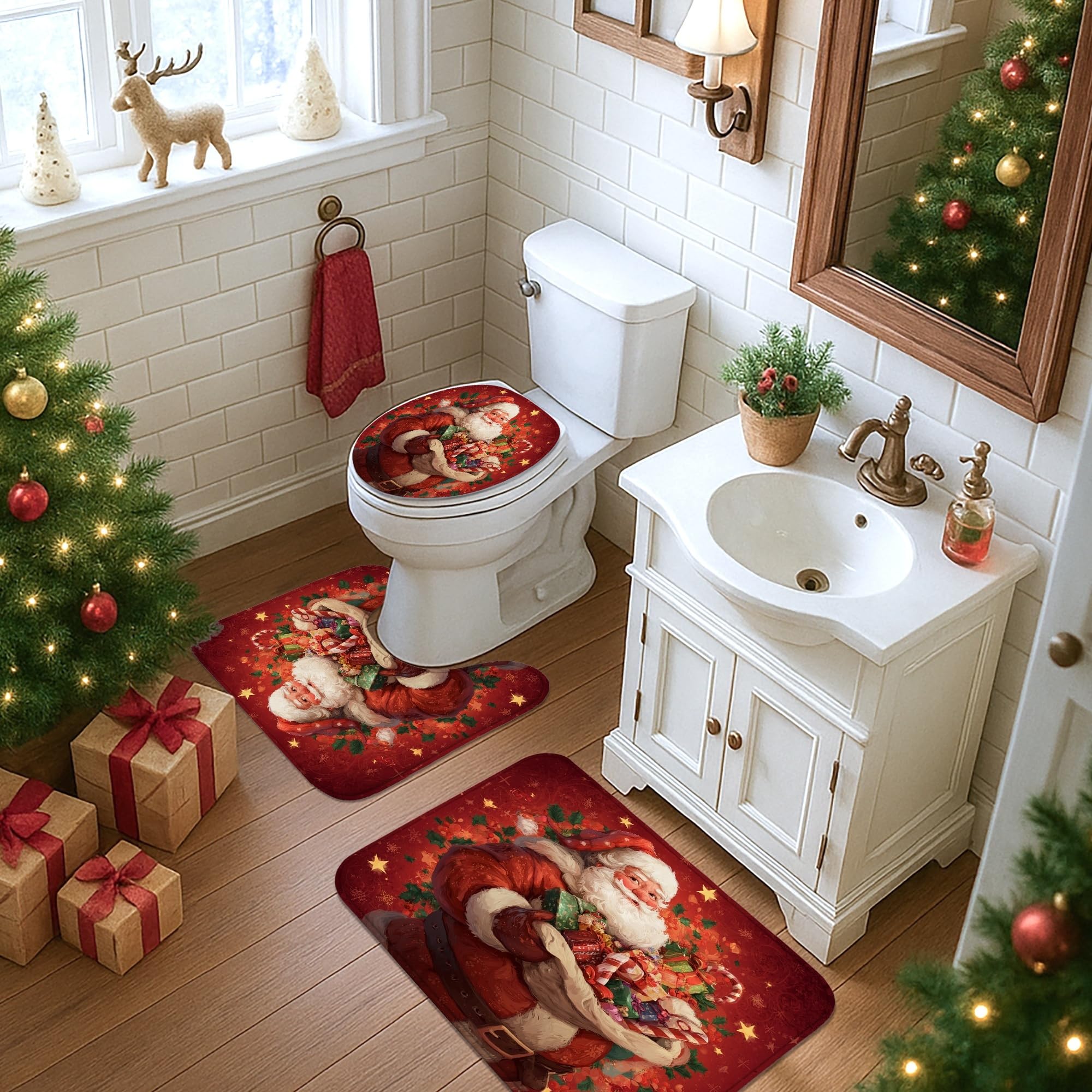 Set di 4 tende da doccia con Babbo Natale, tappeto da bagno rosso per le vacanze, accessori per decorazioni natalizie per il bagno, moderna tenda da doccia in tessuto impermeabile con ganci, 182 x 183