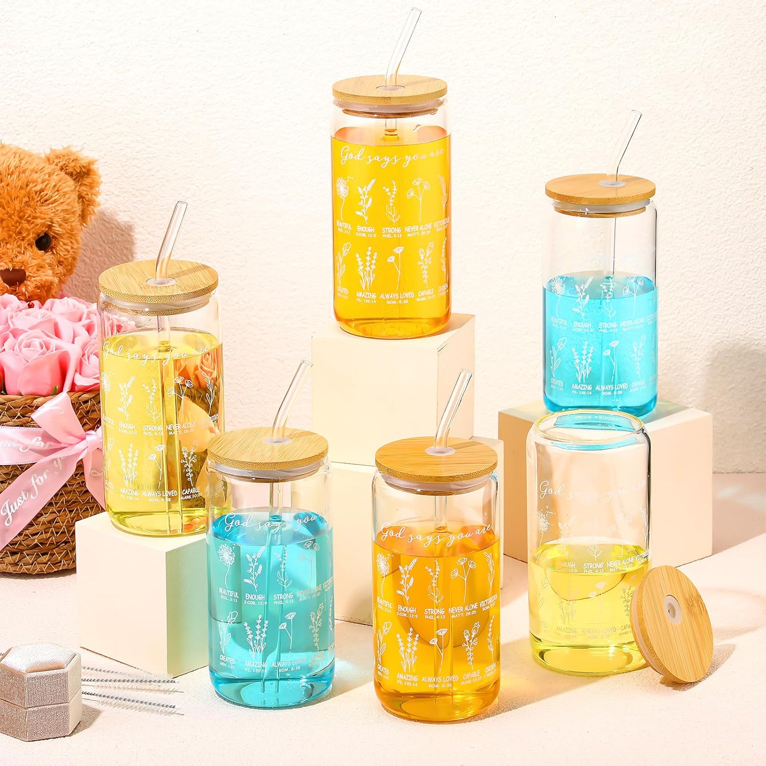 6 Pcs Christian Gifts for Women Christian God Says You Are Glass Tumblers Set 16oz Iced Coffee Cups with Lids Glass Straws Scripture Bible Verse Cups Gifts for Women - Image 4