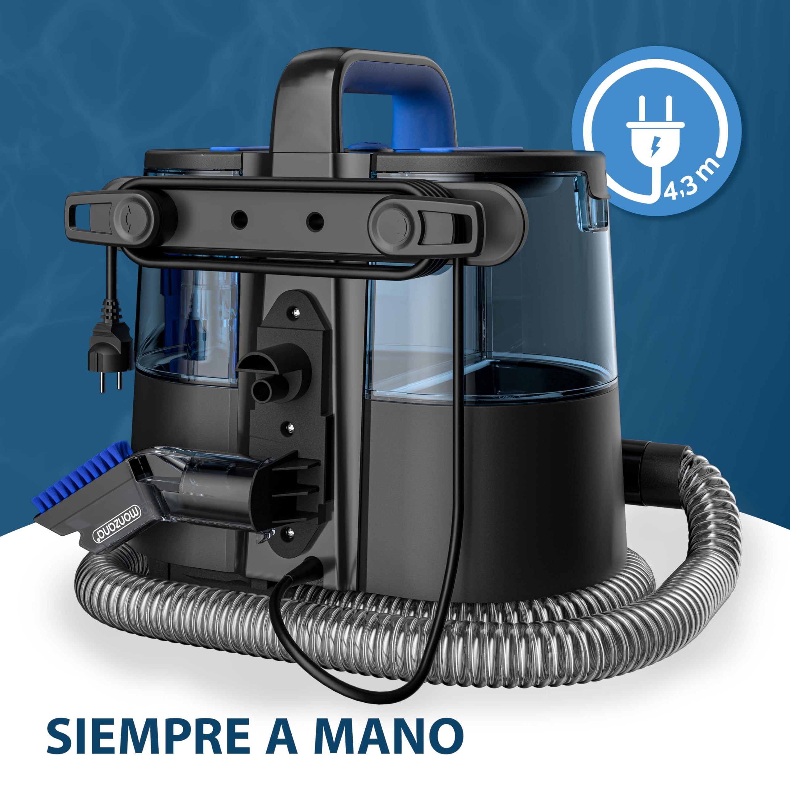 MONZANA® Limpiador de Tapicerías Cepillo 2 en 1 Manguera 1,2 m Alcance 5,5 m Portátil Aspirador en Seco Húmedo Vapor Alfombras Muebles Sofas Coches