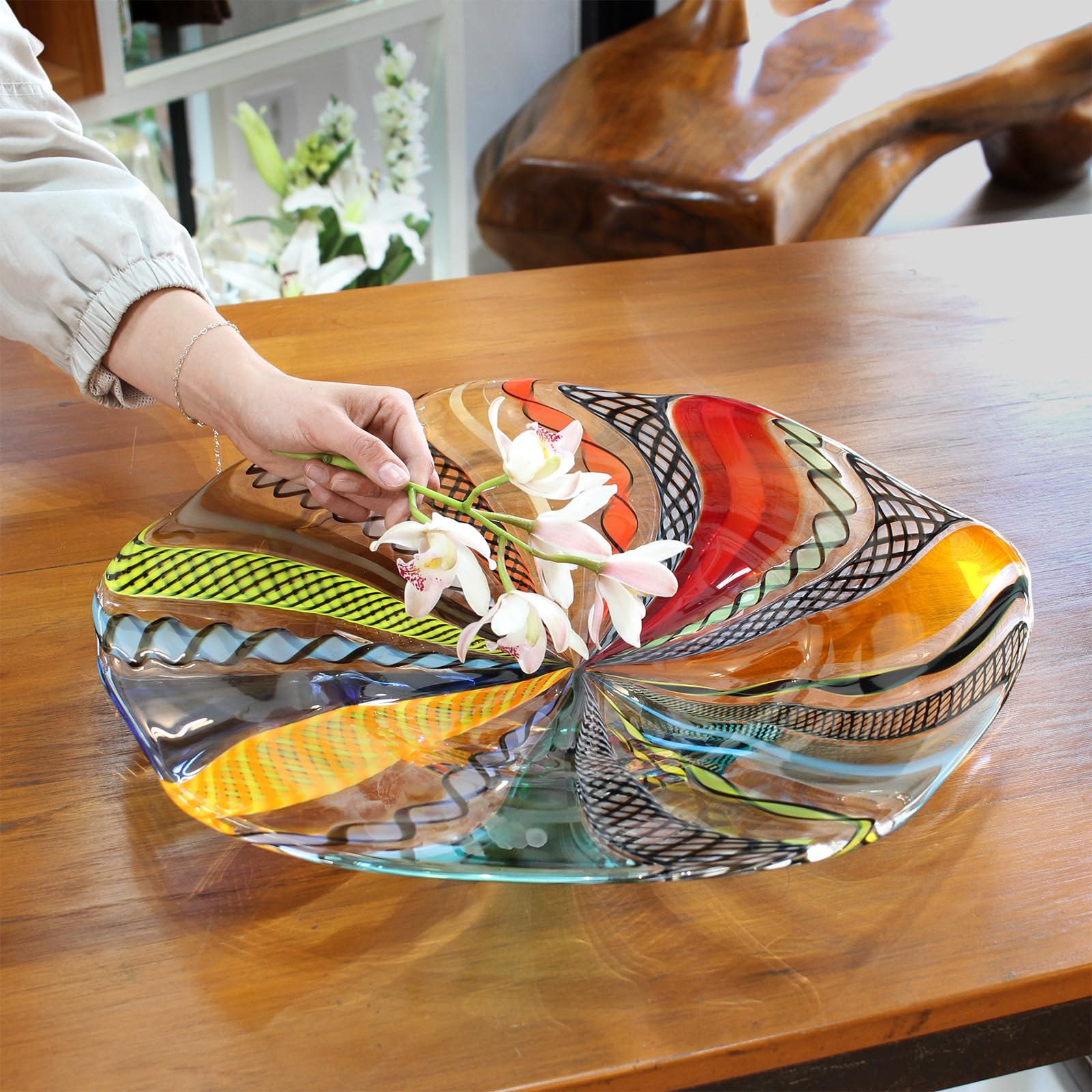 Ca D Oro Centerpiece Large Bowl Boho with Colored Canes Hand Blown Murano-Style Art Glass for Decor and Centerpieces - Center G