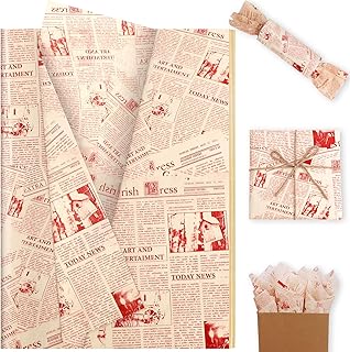 100 Sheet Red Vintage Newspaper Tissue Paper, Red 20x14in Old Newsprint Gift Wrapping Paper Retro Kraft Magazine Art Craft Newsprint Tissue for Wedding Valentine's Day Birthday Party Decor Gift Crafts