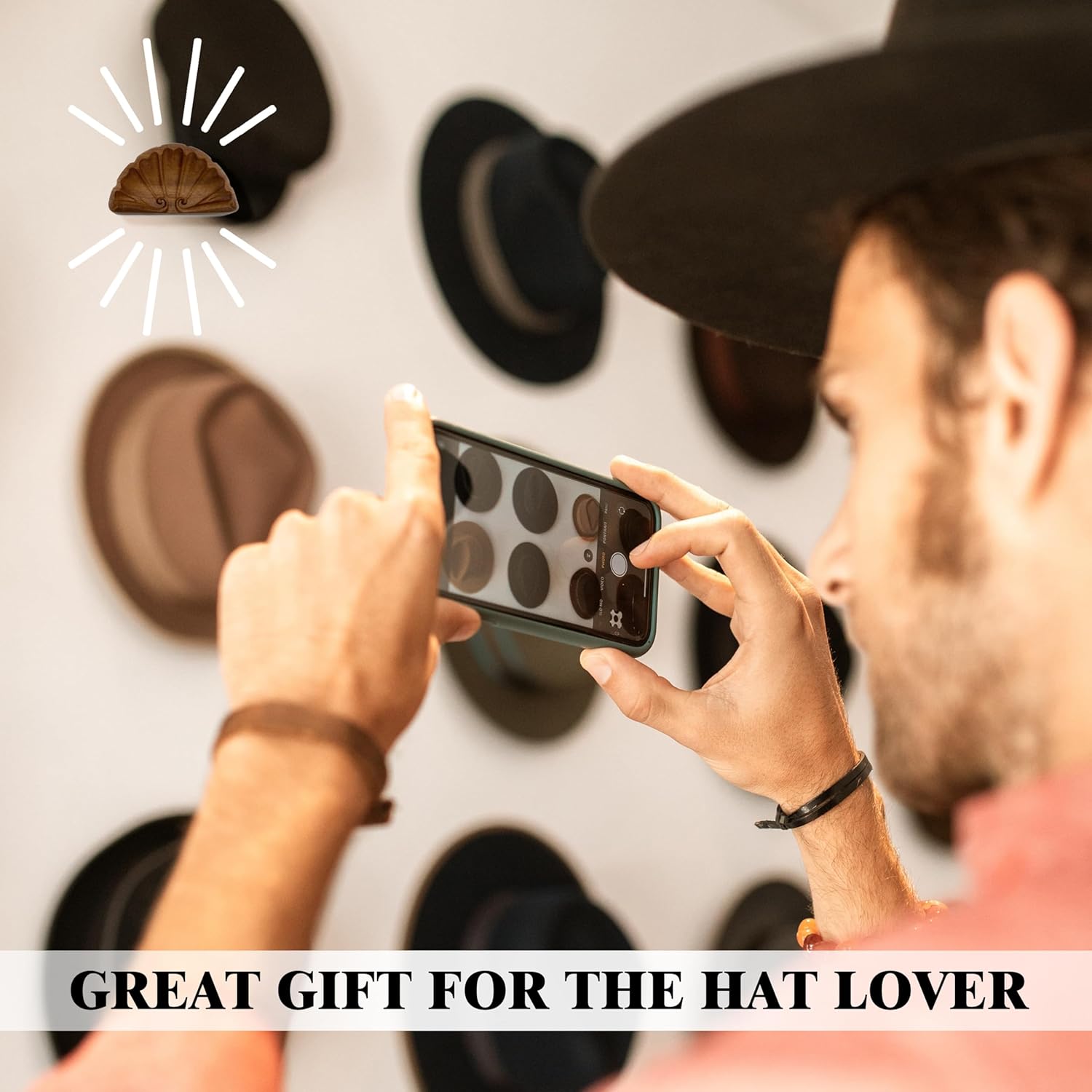 Hat Hooks for Baseball Caps, Retro Hat Holder Wooden for Wall Display, Hat Hanger Organizer for Cowboy Hat Beach Hats, Natural Curved Hat Rack for Wall Door Closet - 2 Pack