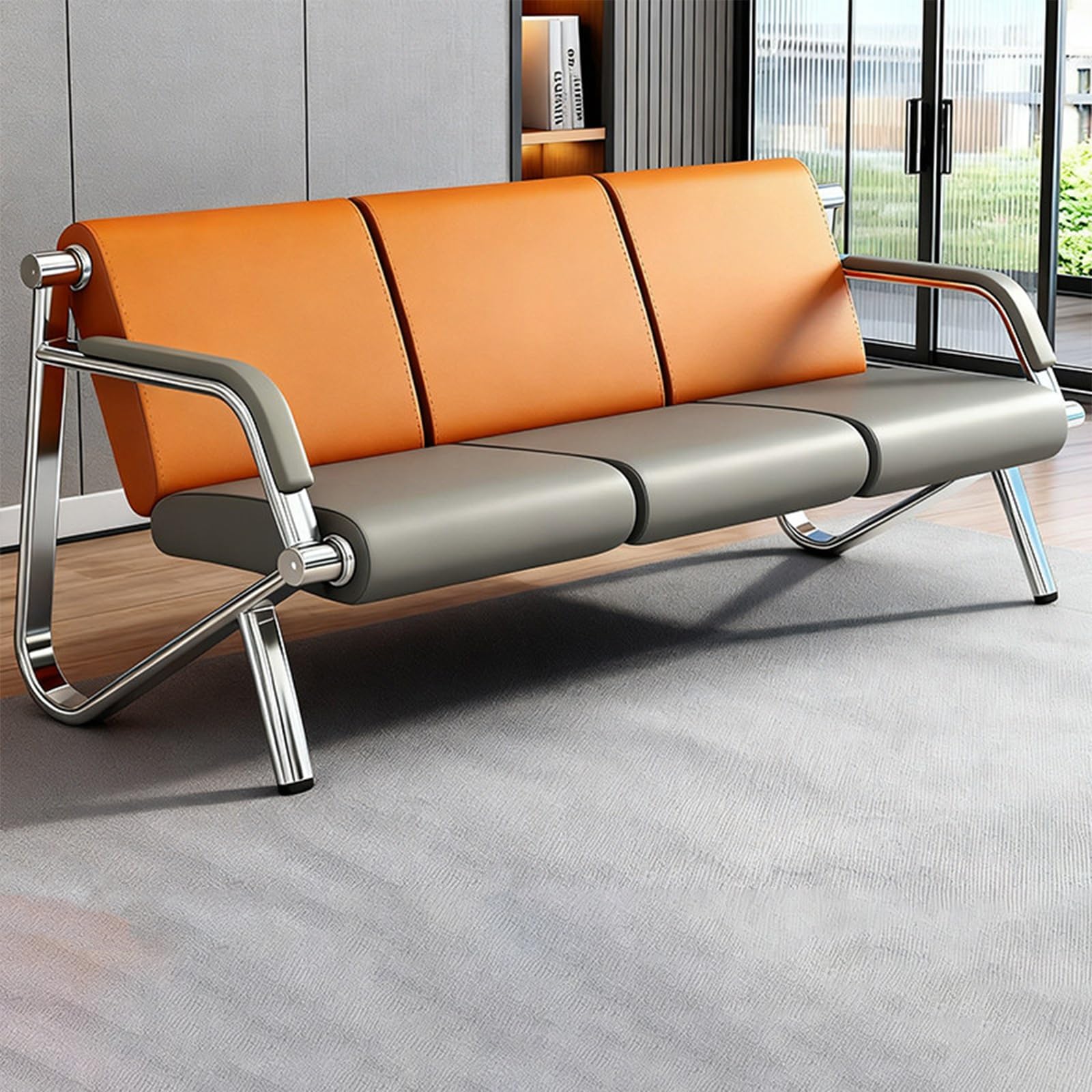 WDSOPK Office Reception Bench,Stainless Steel Benchs,Public Seating for Waiting Areas with Arms,for Office, Airport(Orange-181 * 75 * 77cm)