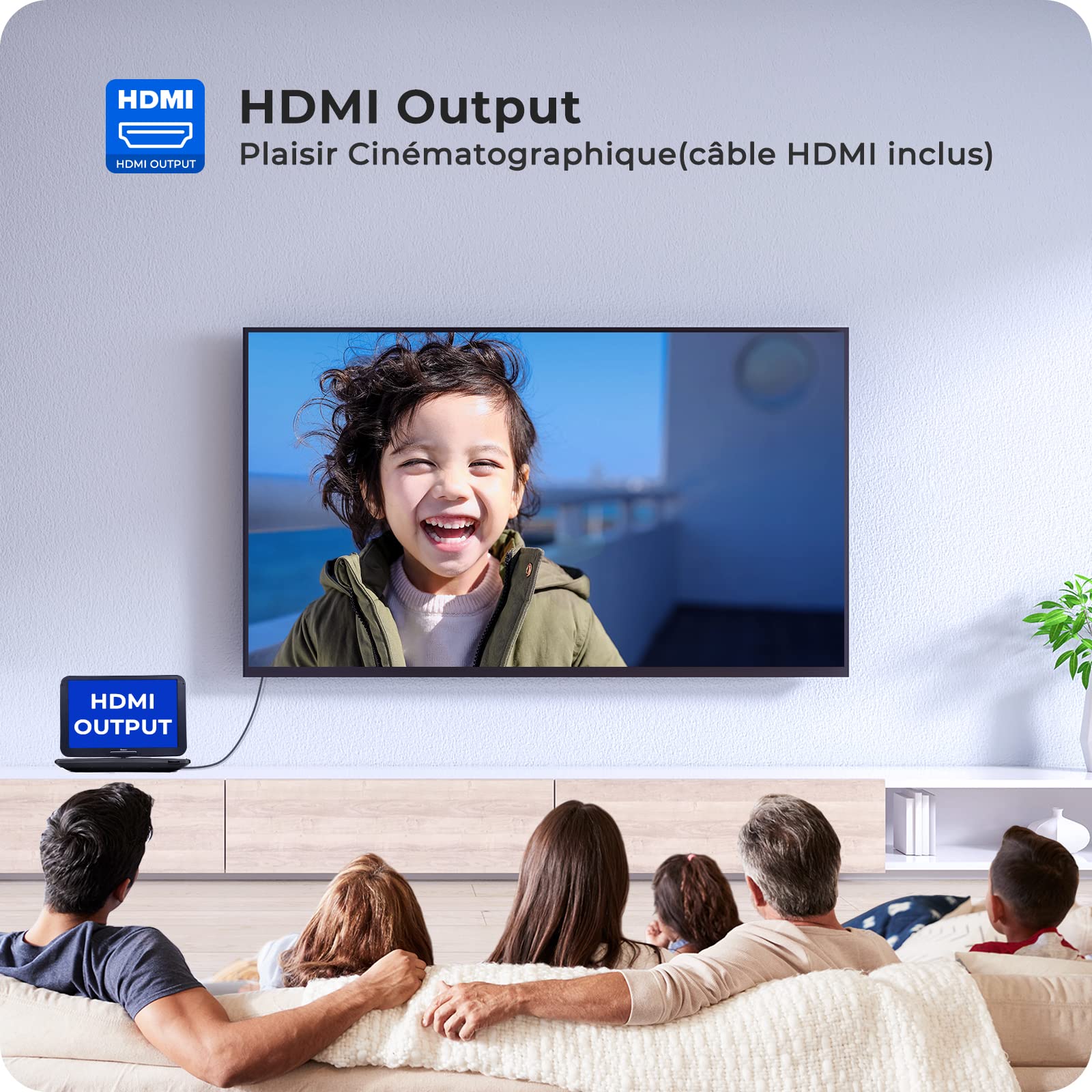 NAVISKAUTO Lecteur DVD Portable , 15.4" Grand Ecran avec Battrie supporte Disque blu-Ray Full HD 1080P,HDMI IN, Décodage de fichiers Audio Dolby, Lecture USB/SD/MMC,MP4/MKV,AV in AV Out