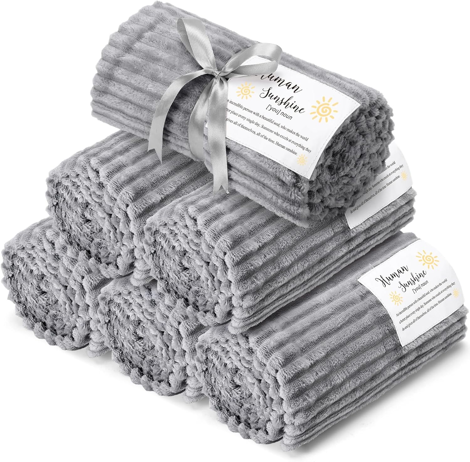 Moukeren 6 Pack Inspirational Gifts Textured Thank You Blankets Bulk 50 x 60 Inch Fuzzy Cozy Throws with Motivational Quote Soft Flannel Fleece Throws for Employees Teachers Nurses(Gray,Sunshine)