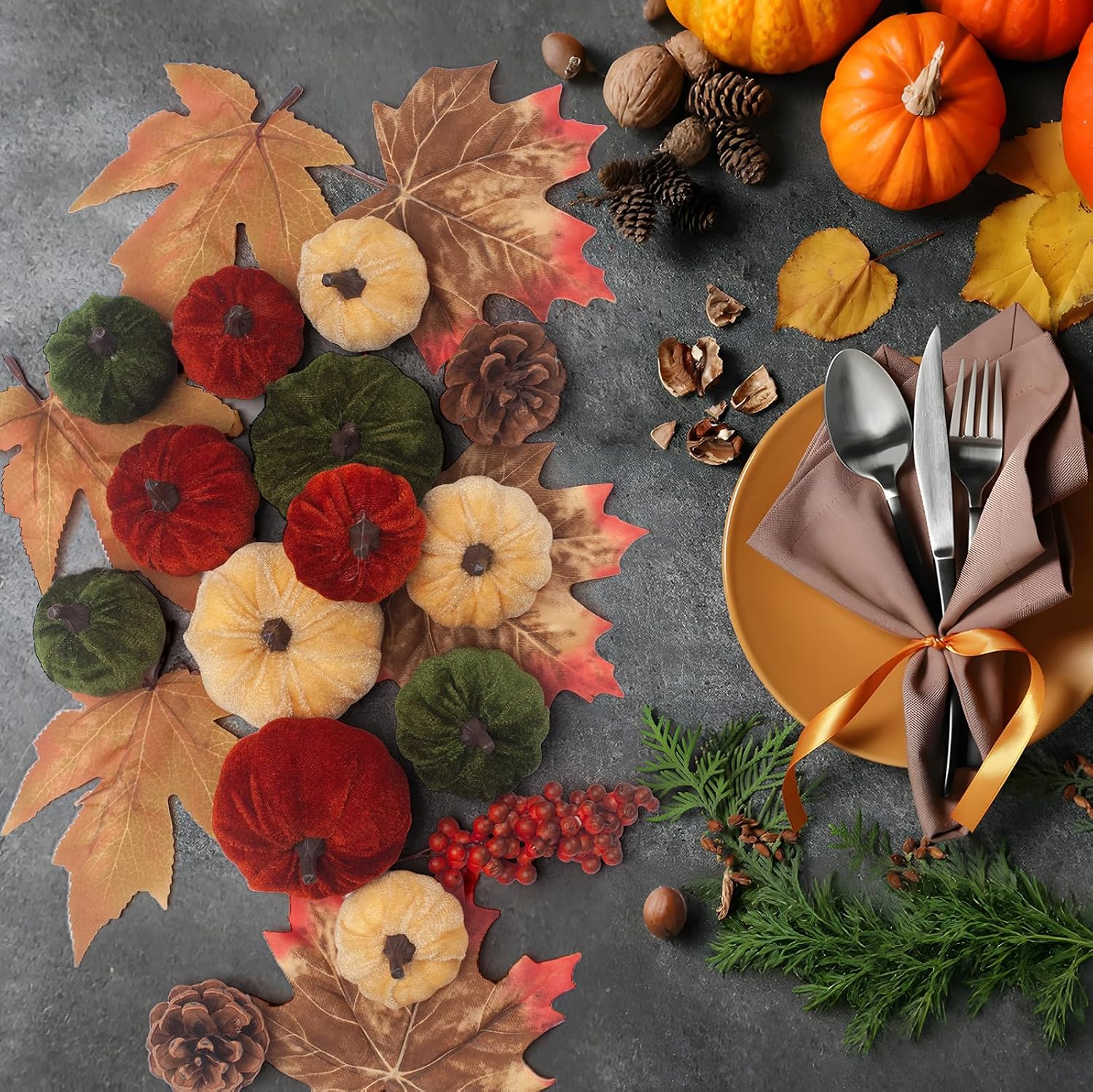 21 PCS Pumpkins Decor Set, 3 Sizes Fake Velvet Pumpkin, Dark Green Brown Gold Small Foam Pumpkins for Fall Harvest Thanksgiving Tiered Tray Centerpiece Bowl Filler Farmhouse Halloween