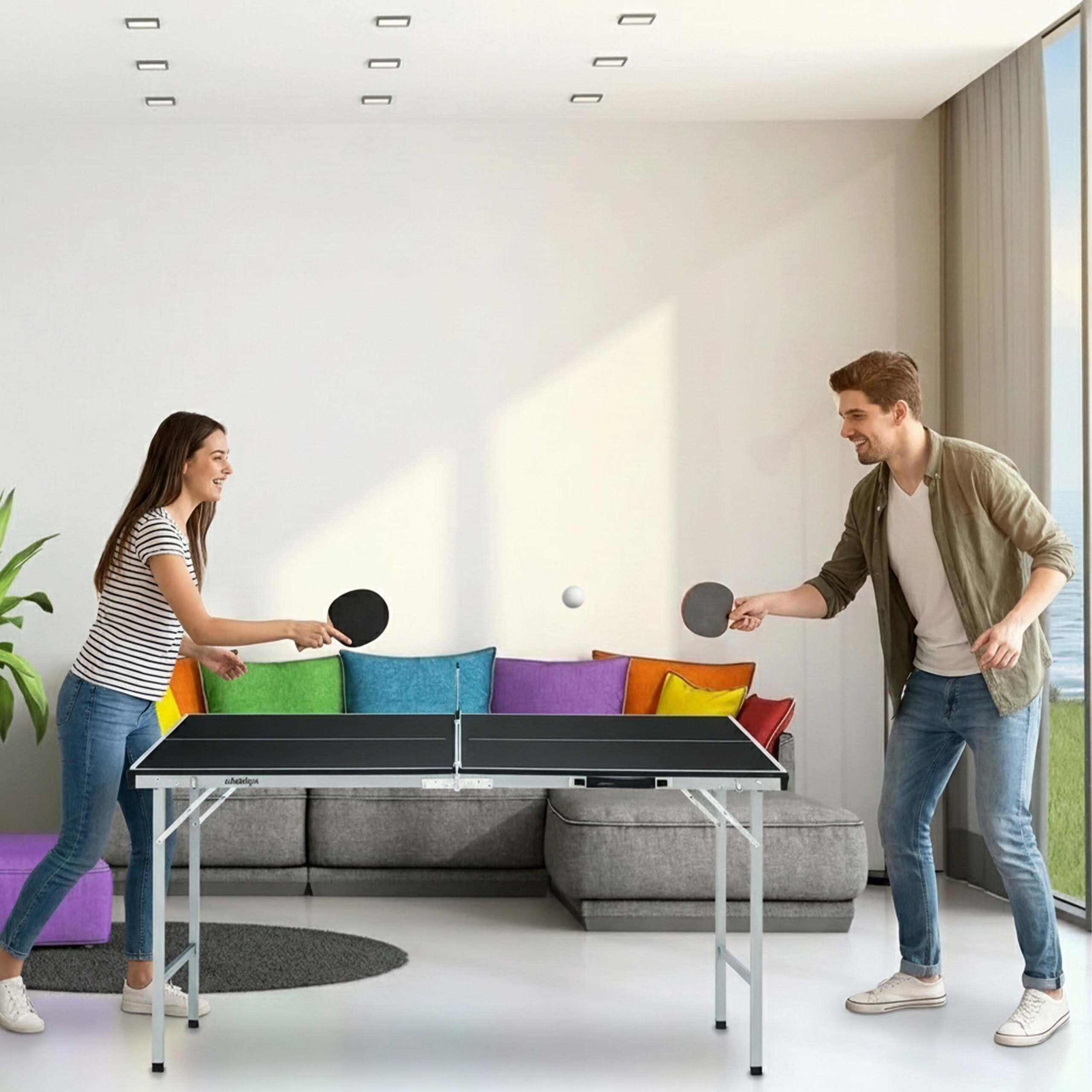 Relaxdays Mesa Ping Pong, Tablero Pimpón Plegable, Tabla Midi, Incluye Red, 2 Palas, 3 Pelotas, 70 x 70 x 150 cm, Negra