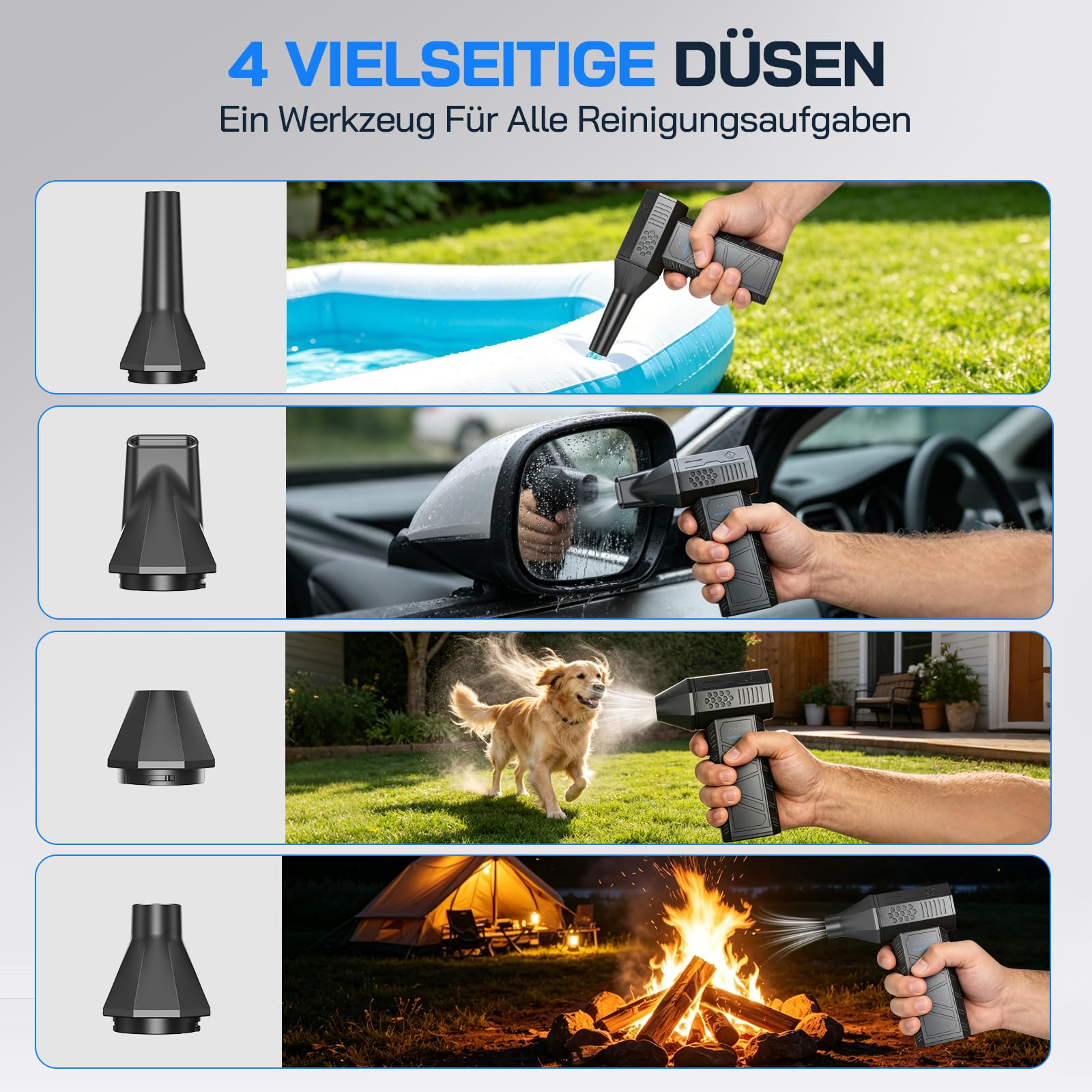 WOLFANG Electric Air Duster-110000RPM Super Power Cordless Air Duster, 3-Gang Mini-Gebläse Elektrische Staubgebläse mit Akku Ultraleise Druckluft für Computer, Tastatur, Haus, Outdoor und Auto
