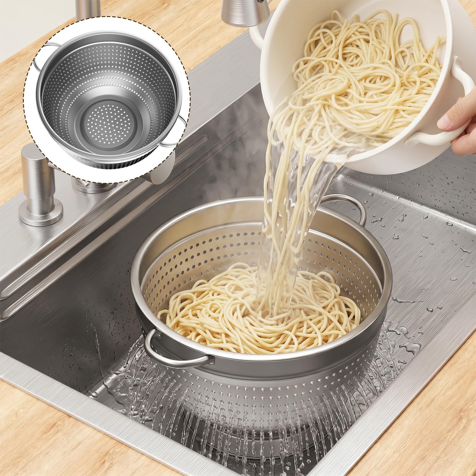 Set di 3 colino da cucina in acciaio inox, 20/24/26 cm, filtro da cucina in metallo con manico, filtro a maglia fine per lavare pasta, verdure, frutta e riso (5)