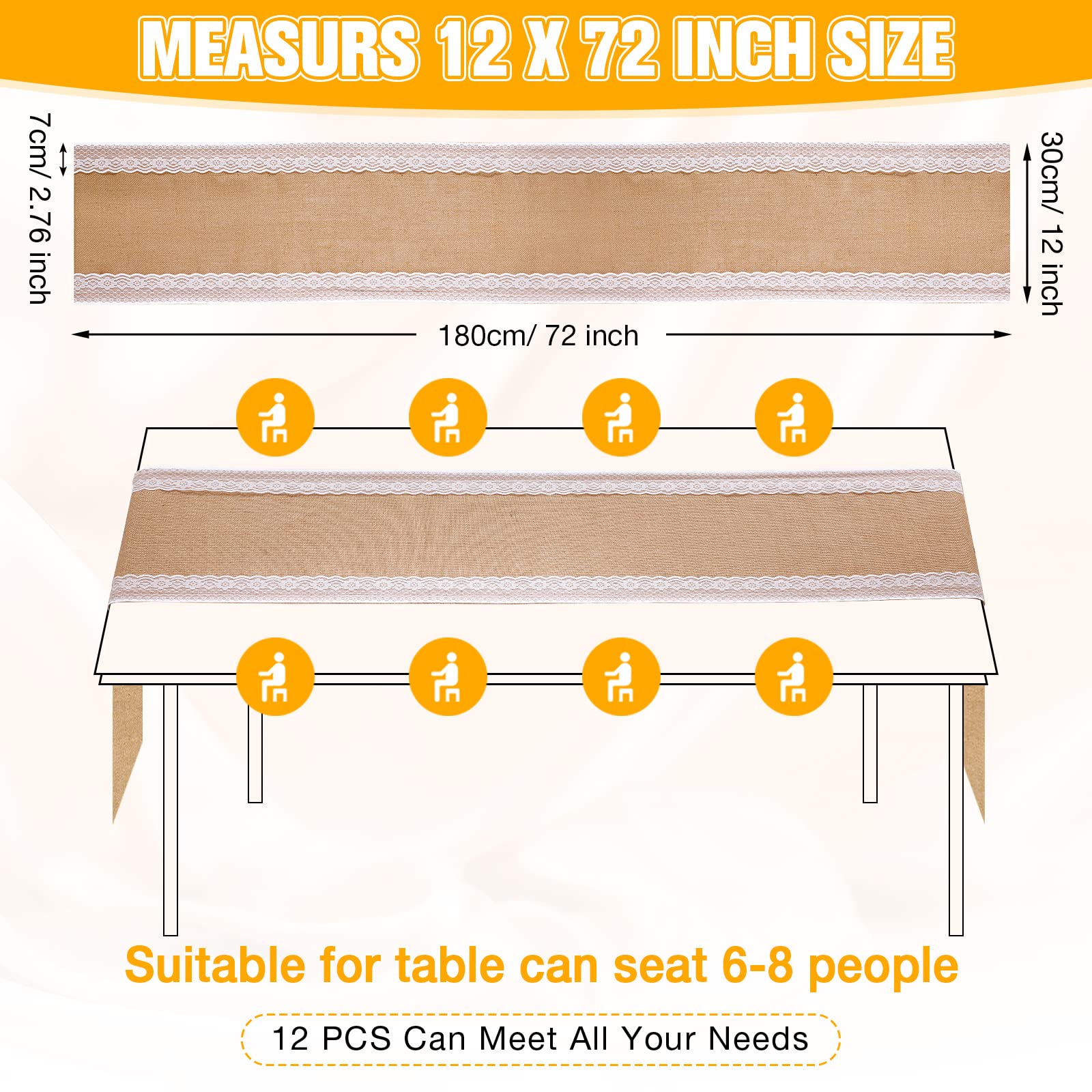 Condition photo showing New/Like New for 12 pcs burlap table runners 12'' x 72'' white lace table runner rustic country wedding decor vintage romantic fabric table cloth for engagement birthday thanksgiving christmas party table(cute)