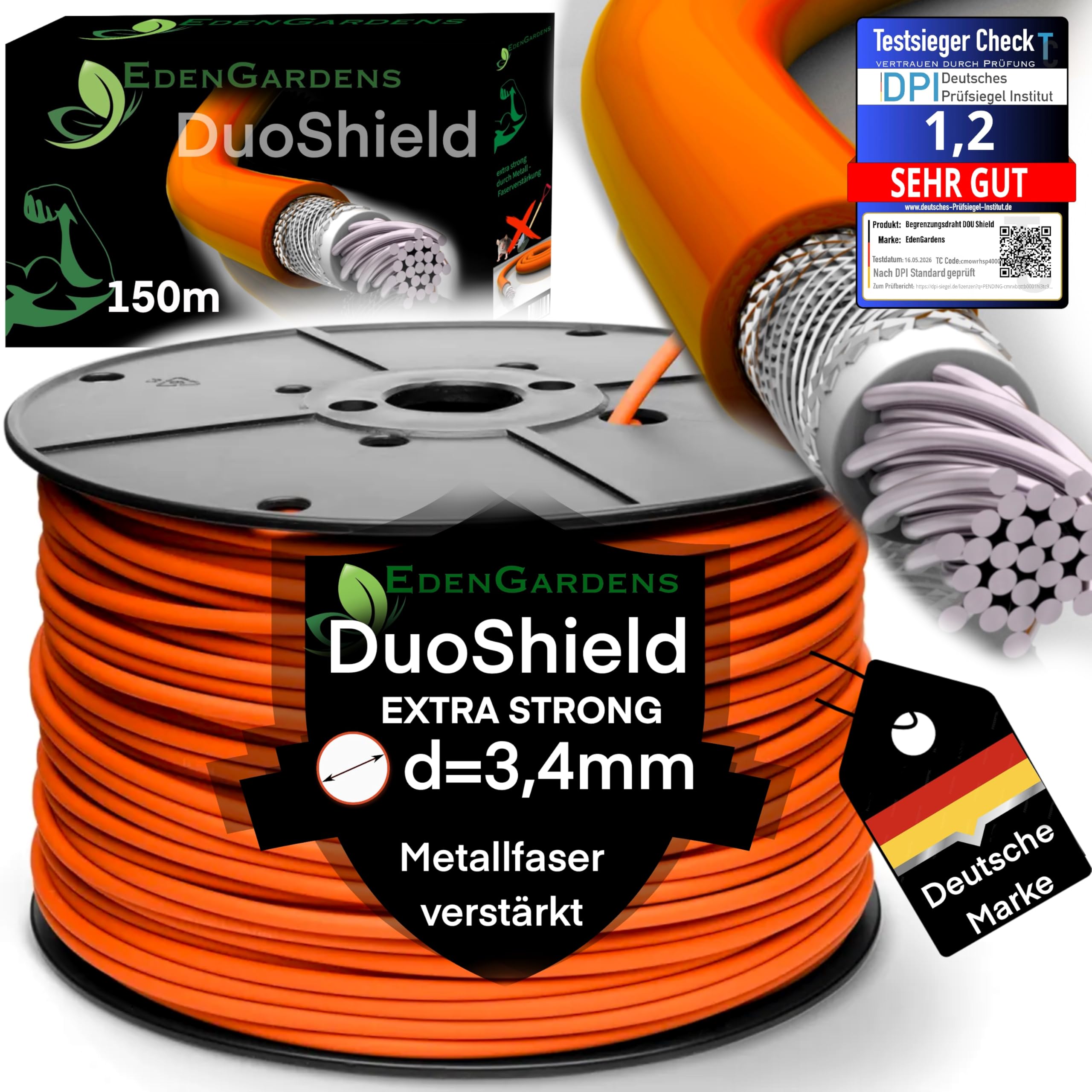 EdenGardens Mähroboter Begrenzungskabel 150m Duo Shield 3,4mm Ø EXTRA Strong 4-Schicht Panzerung mit Stahlgeflecht bissfest spatenfest