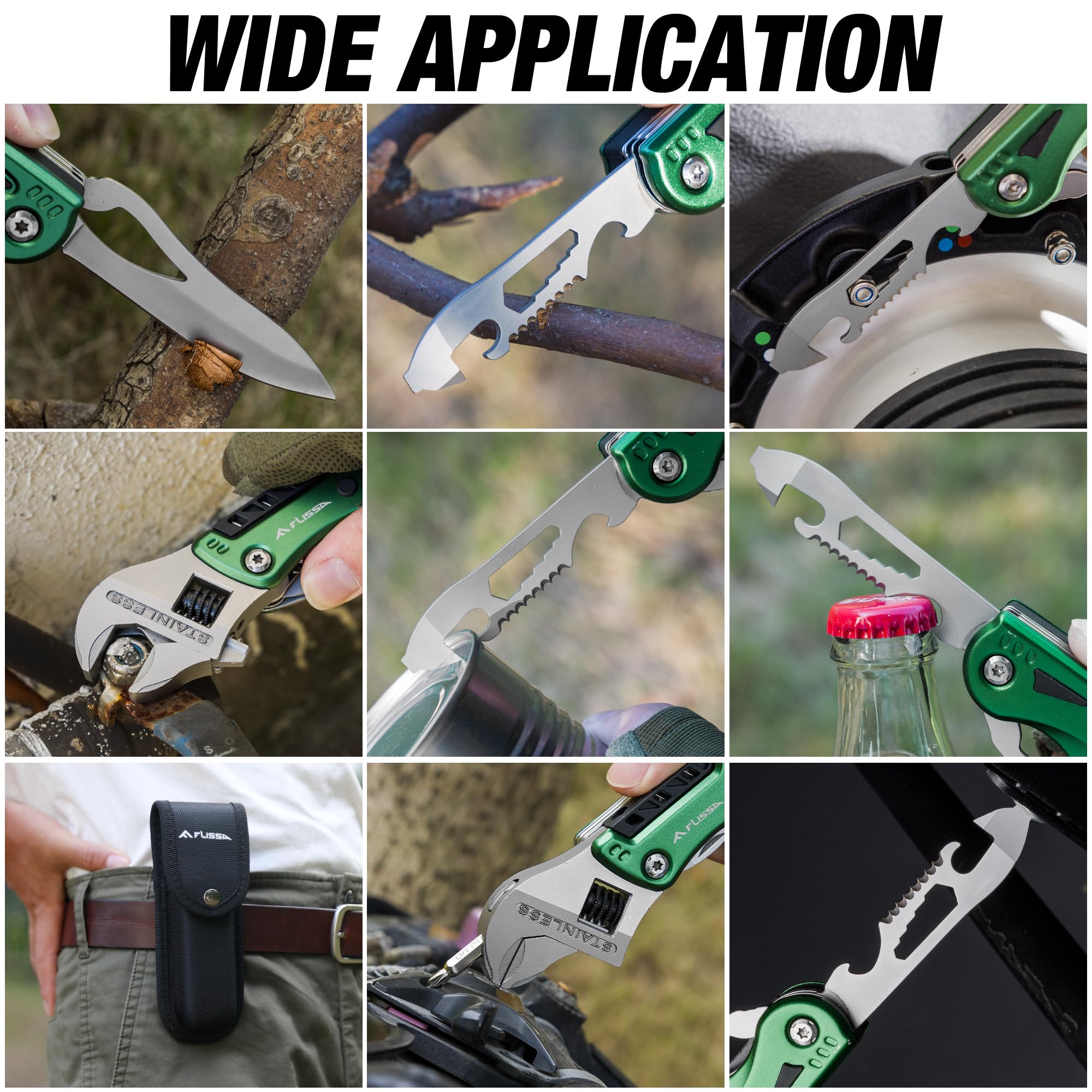 FLISSA Multitool 13 in 1 Chiave Multiutensile Regolabile con Borsa per Riparazioni Auto e Domestiche Verde
