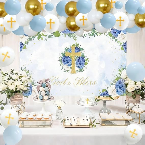 First Communion Decor for Boys - God Bless Party Decorations White and Gold Balloon Garland Kit with Blue Backdrop, Baptism Christening Party Decorations Supplies