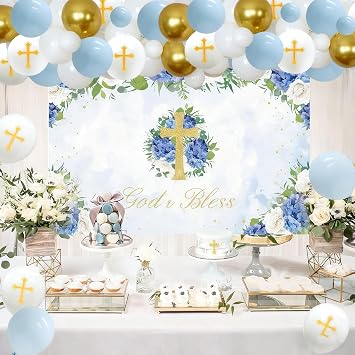 First Communion Decor for Boys - God Bless Party Decorations White and Gold Balloon Garland Kit with Blue Backdrop, Baptism Christening Party Decorations Supplies