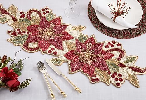 Fennco Styles Camino de mesa navideño de Pascua con cuentas a mano, 13 pulgadas de ancho x 36 pulgadas de largo, mantel festivo rojo y verde para