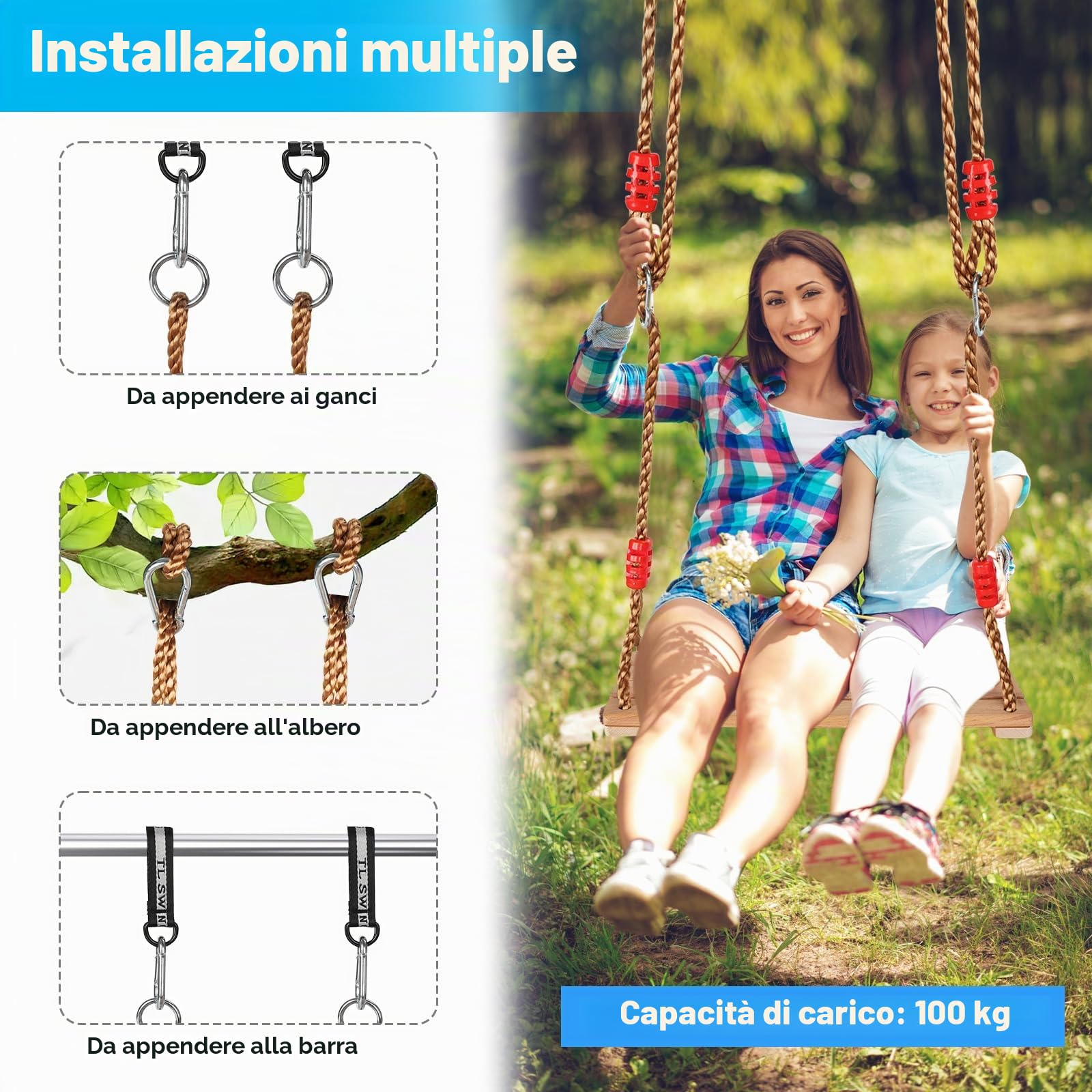Altalena da Giardino per Bambini,Altalena Legno,Dondolo Bambini,Giochi da Esterno con Corda Regolabile,Borsa per Il Trasporto Adatto a Ragazzi e Adulti Che Non Pesano Più di 100 Chilogrammi