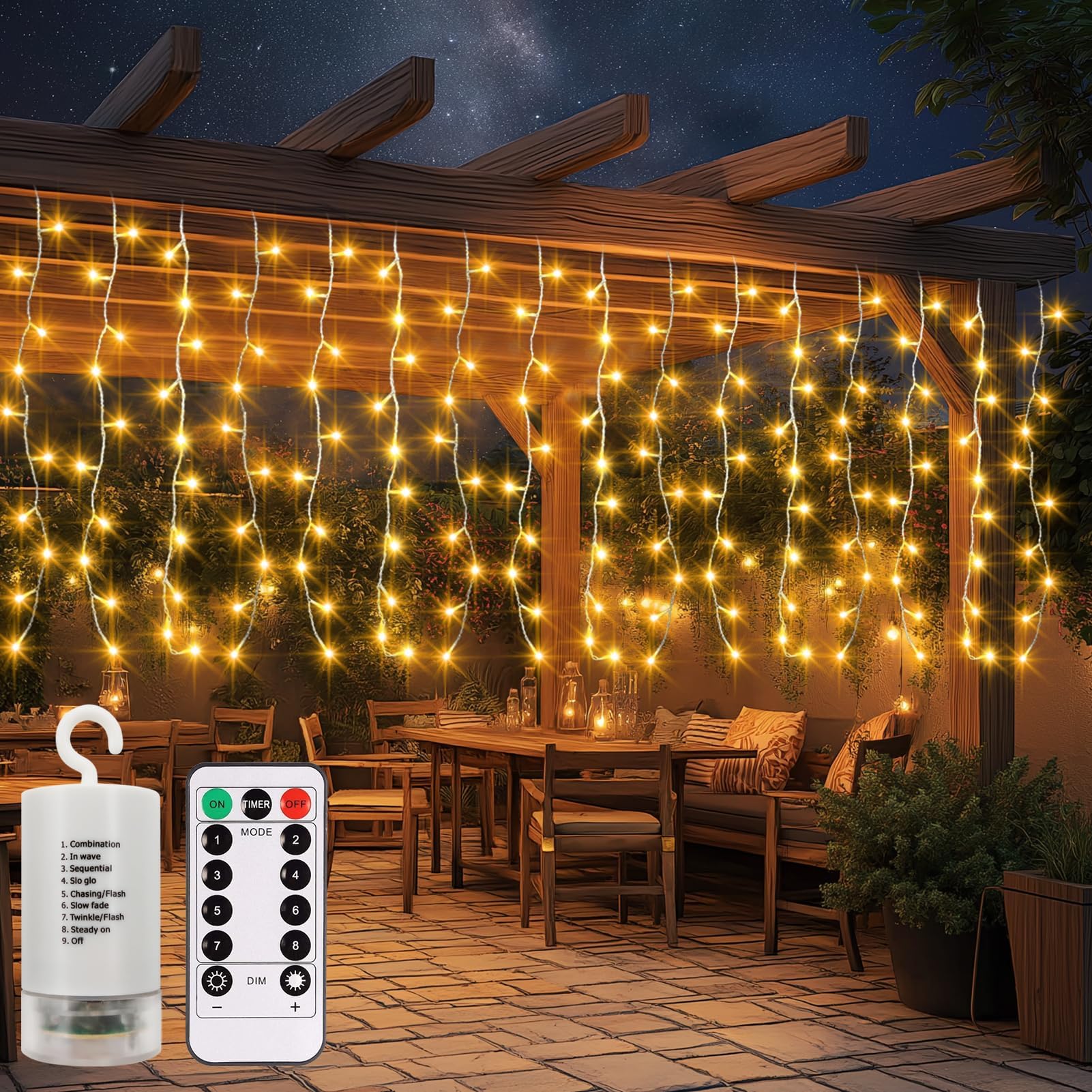 Battery Icicle Curtain Lights with Remote, 4M x 1M 200 LED Fairy Lights Curtain Outdoor Waterproof Window Light with Timer 8 Modes Dimmable for Eave Bedroom Gazebo Wall Party Decor (Warm White)