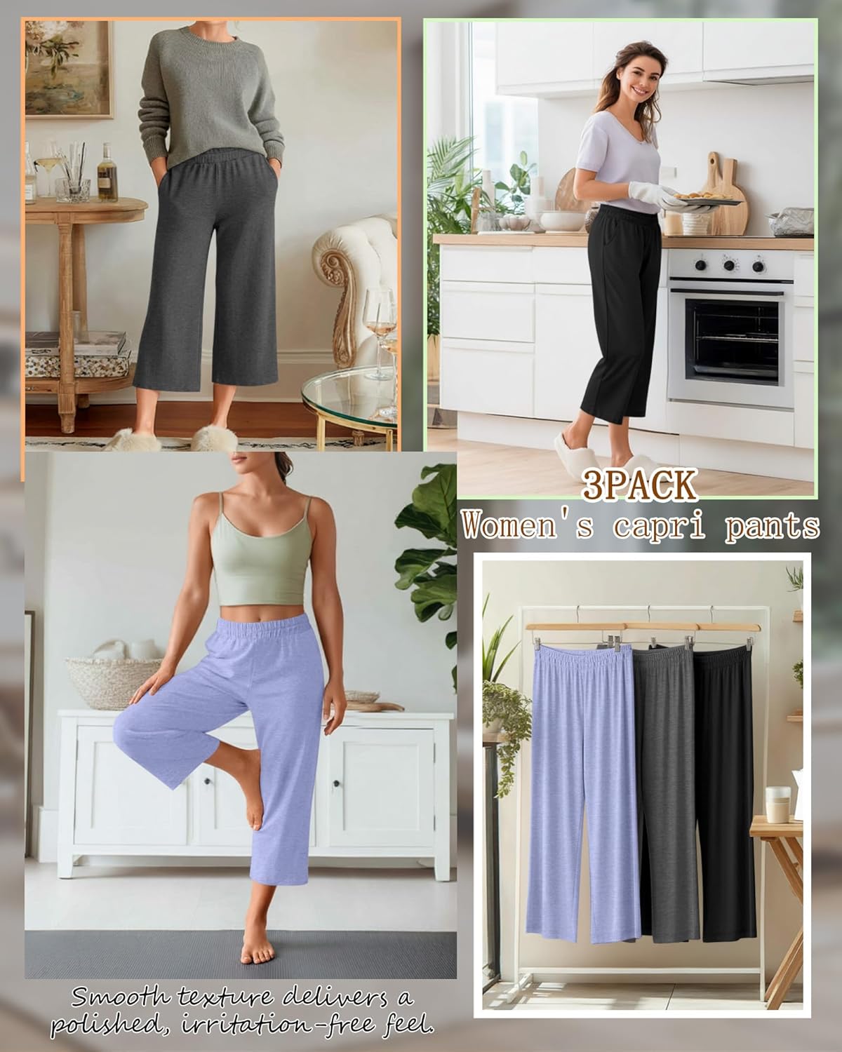 3 Pack Women's Wide Leg Capris Loose Cropped Yoga Pants Elastic Soft Sweatpants Capri Trousers with Pockets - Image 2