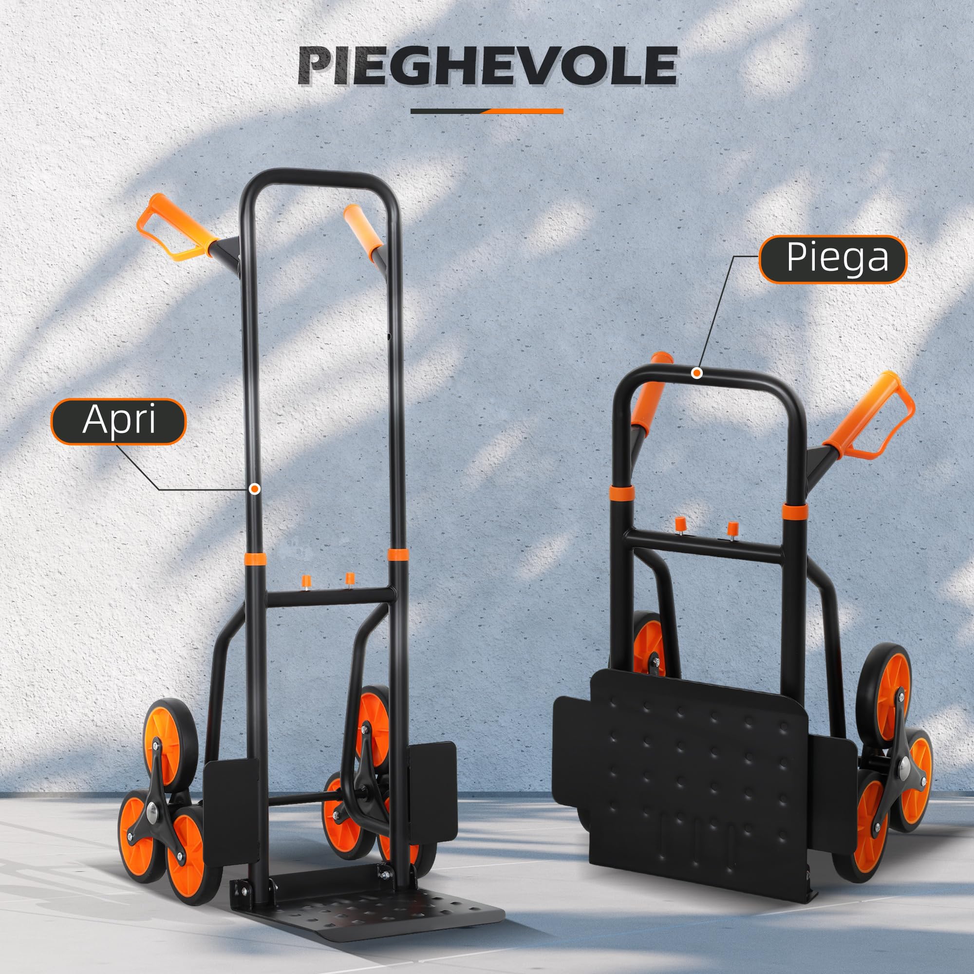 DURHAND Carrello Portapacchi per Scale 6 Ruote, Carrello Pieghevole, Portata 120kg, Carrello con Ruote Portatutto, Telaio Acciaio, Maniglia in PP, per Trasloco, Giardinaggio, Oggetti Pesanti Arancione