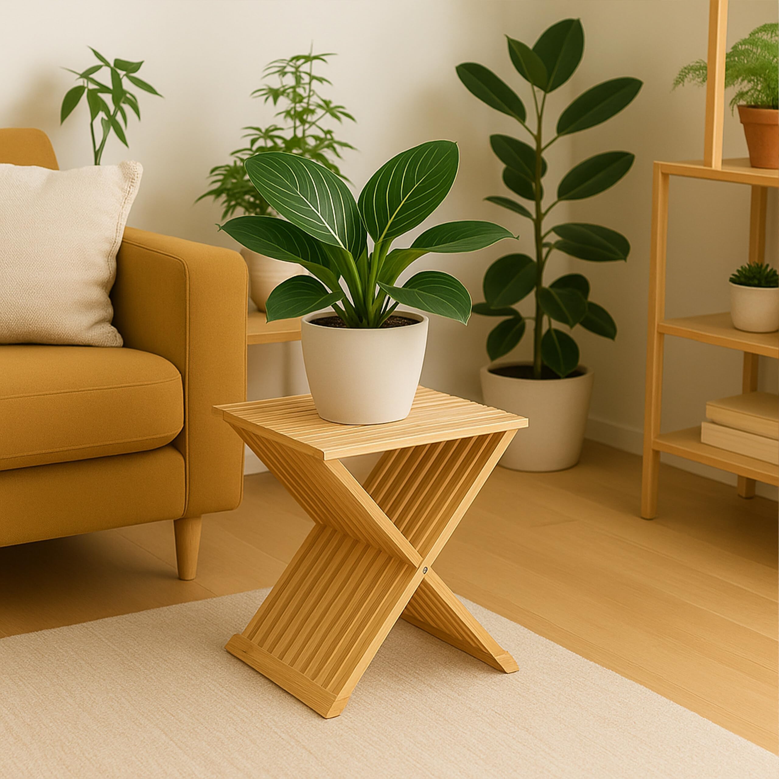 Relaxdays Porte-Plantes, Pliable, pour Votre trésor Vert préféré, en Bambou, H x L x P : 44 x 40 x 33 cm, Nature