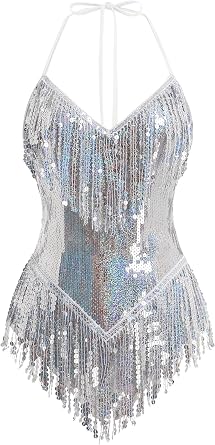 IBAKOM Sexy Sequins Fringe Bodysuit Halter Lace Up Back Jazz Latin Dance Tassel Leotard Acrobat Costume Rave Concert Outfits