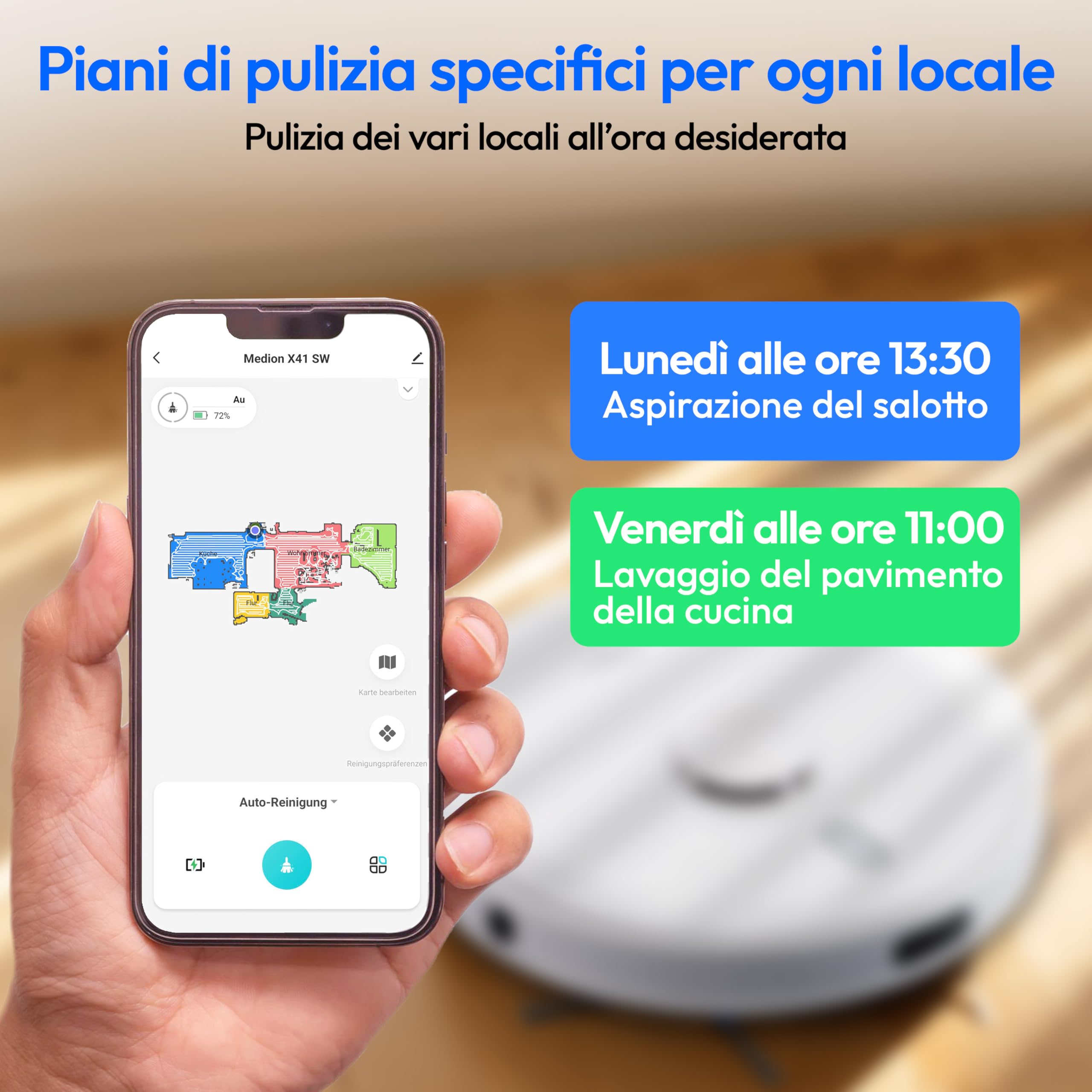 MEDION Aspirapolvere robot con navigazione laser e funzione di pulizia X41 SW (potente potenza di aspirazione di 8000Pa, aspirapolvere robot 2in1, mappatura precisa, aree Go & No Go, più piani)