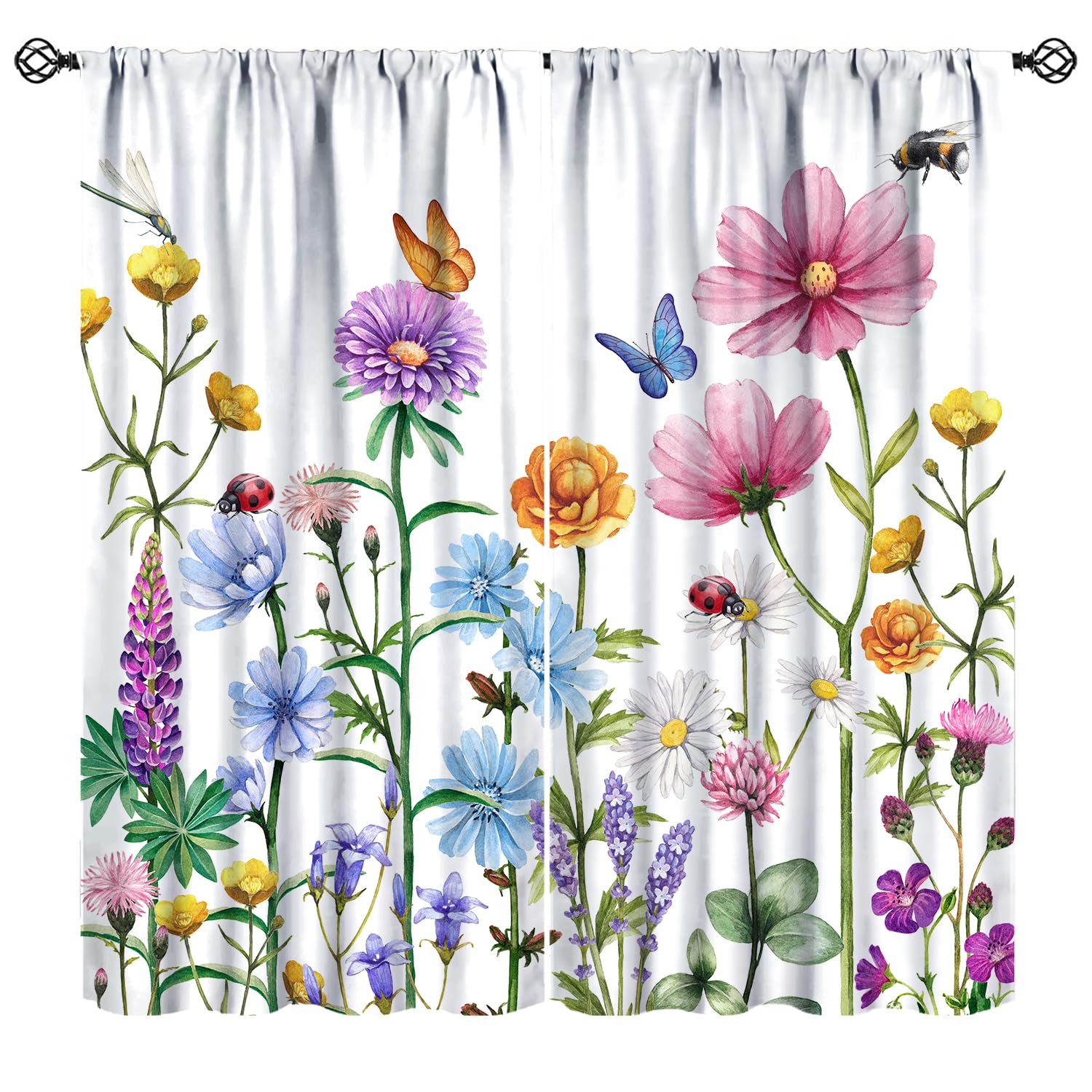 Farmhouse Flower Curtains, Rustic Spring Botanical Plant Herb Wildflower Blackout Window Drapes, Watercolor Natural Plant Floral Print Window