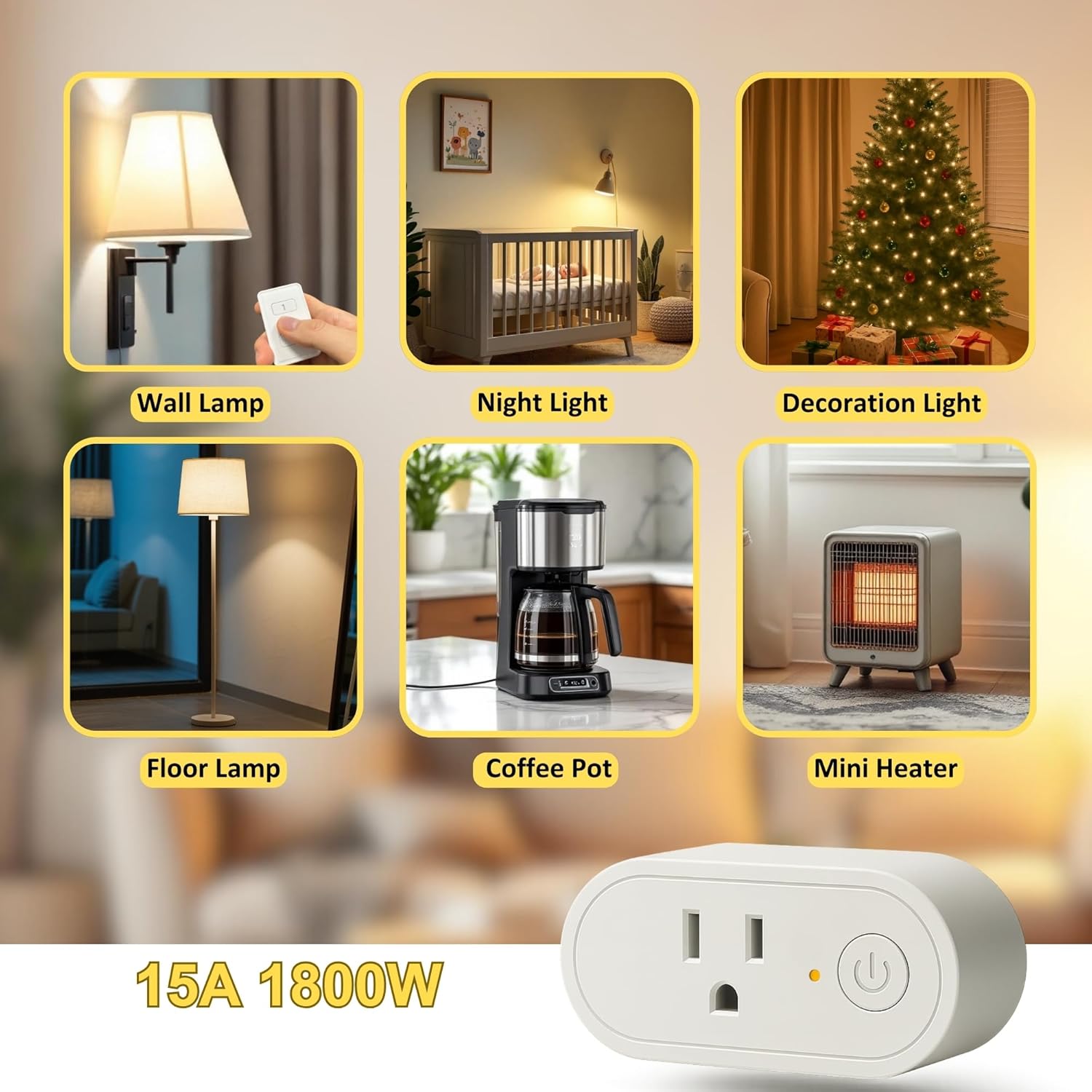 A collage of images showing various applications for the LoraTap remote outlets, including wall lamps, night lights, decoration lights, floor lamps, coffee pots, and mini heaters.