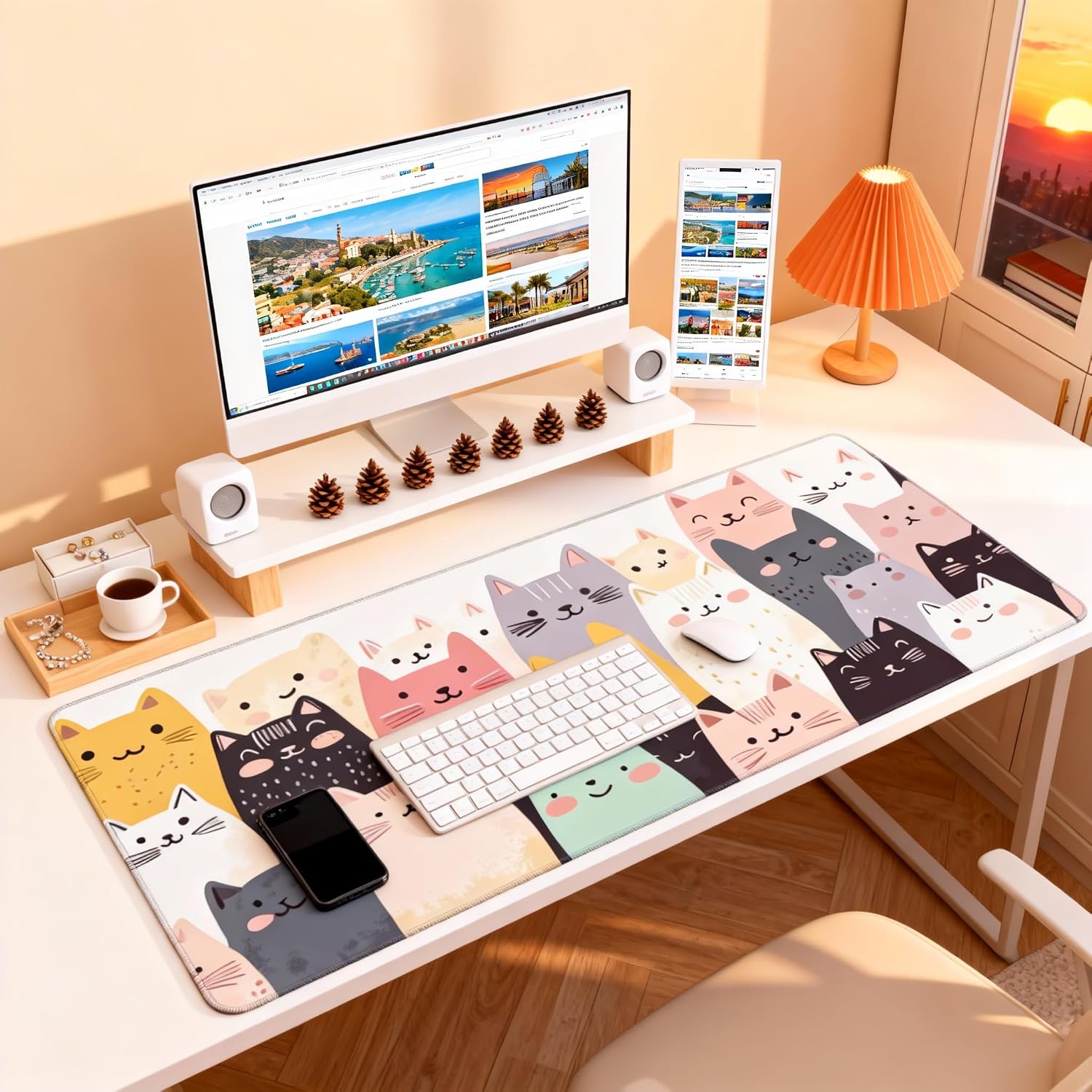 Cute Anime Cats Gaming Mouse Pad, Colorful Pop Art Desk Mat with Anti-Slip Base & Stitched Edges,35.4" x 15.7" in Table Mat for Computer Desktop, Beautiful Workstation Decor