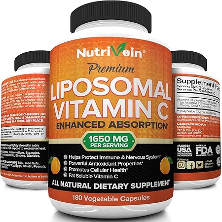 Nutrivein Liposomal Vitamin C 1600mg - 180 Capsules - High Absorption Ascorbic Acid - Supports Immune System and Collagen Booster - Powerful Antioxidant High Dose Fat Soluble Supplement