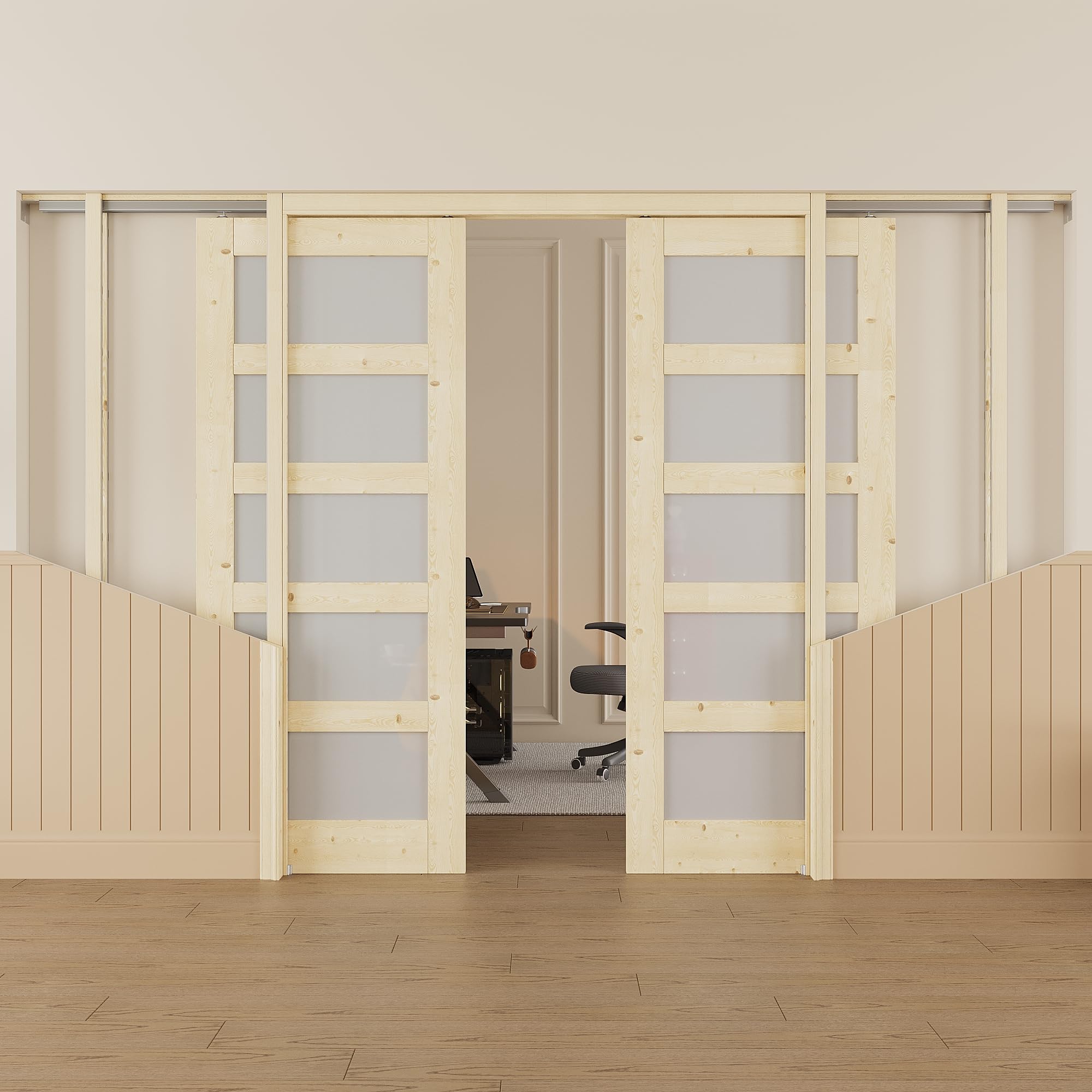 64x80 Sliding Double Pocket Door,5 Lite Frosted Glass Doors,French Door