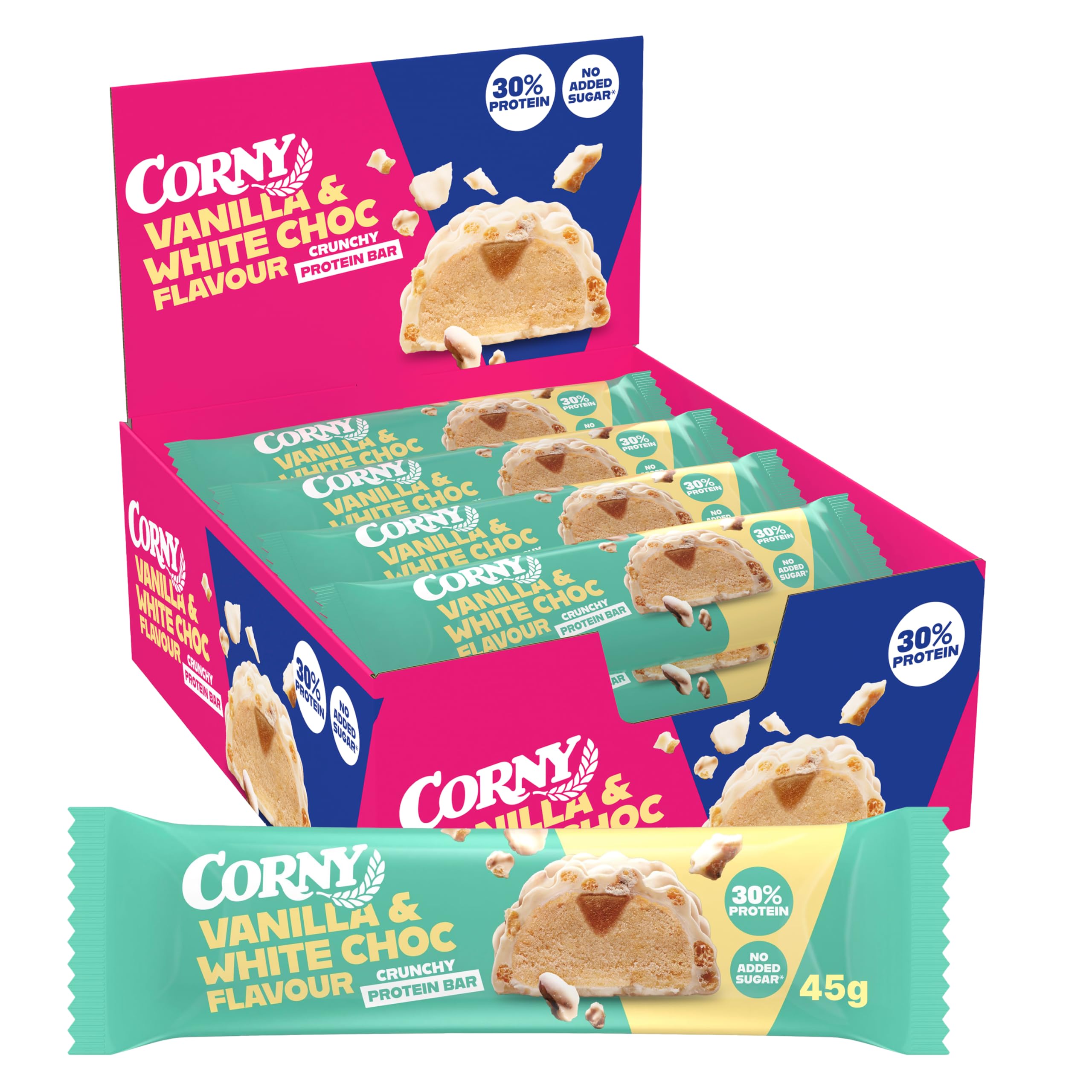 Barritas de Proteínas, Corny Protein, Crunchy Chocolate Blanco Sabor Vainilla, 13,5 gr de Proteínas, 0% Azúcares Añadidos - Pack 12x45 g Taste the Power