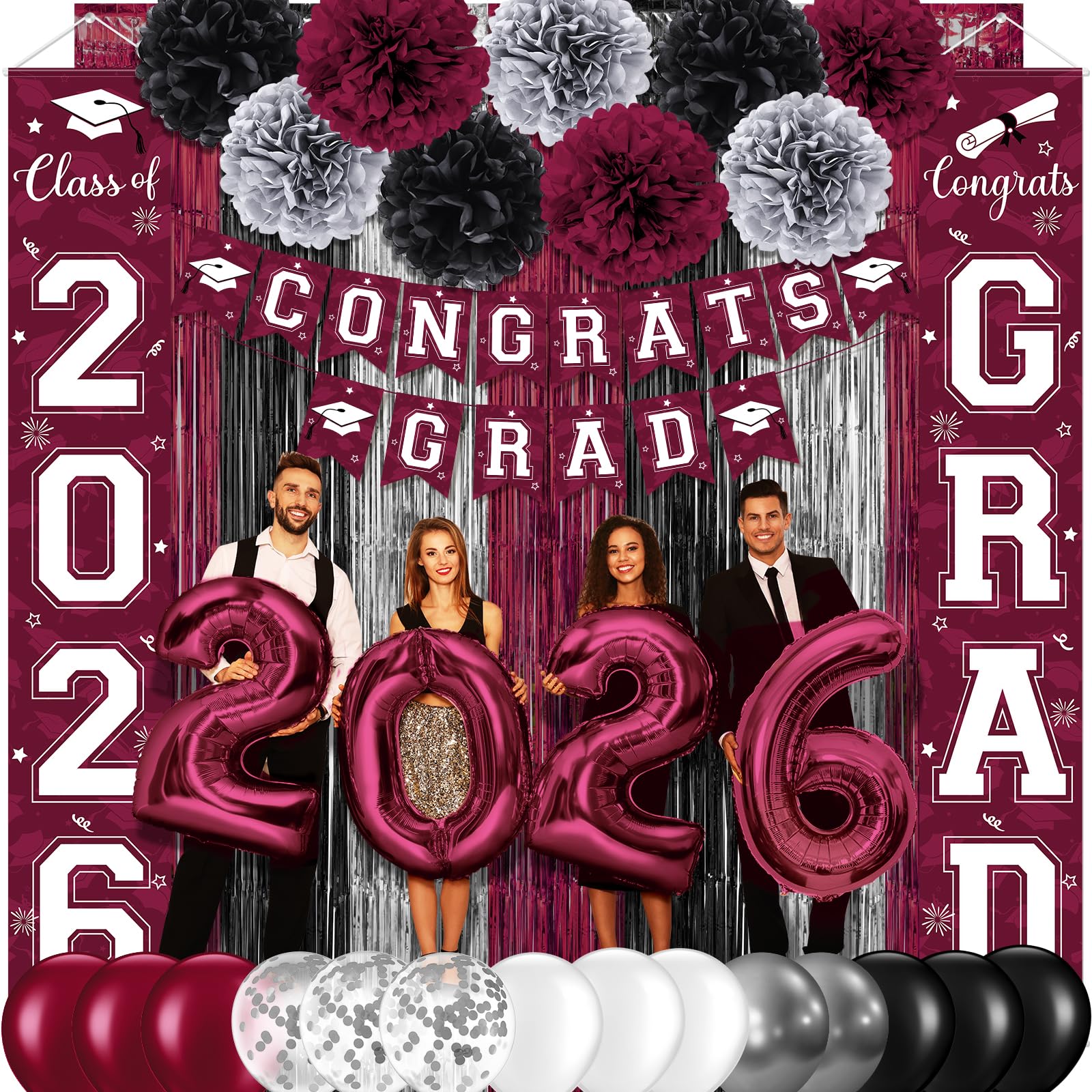 Graduation Party Decorations Class of 2026, Graduation Decorations with Congrats Grad Banner Fringe Foil Curtain Paper Flower Ball Balloons for High