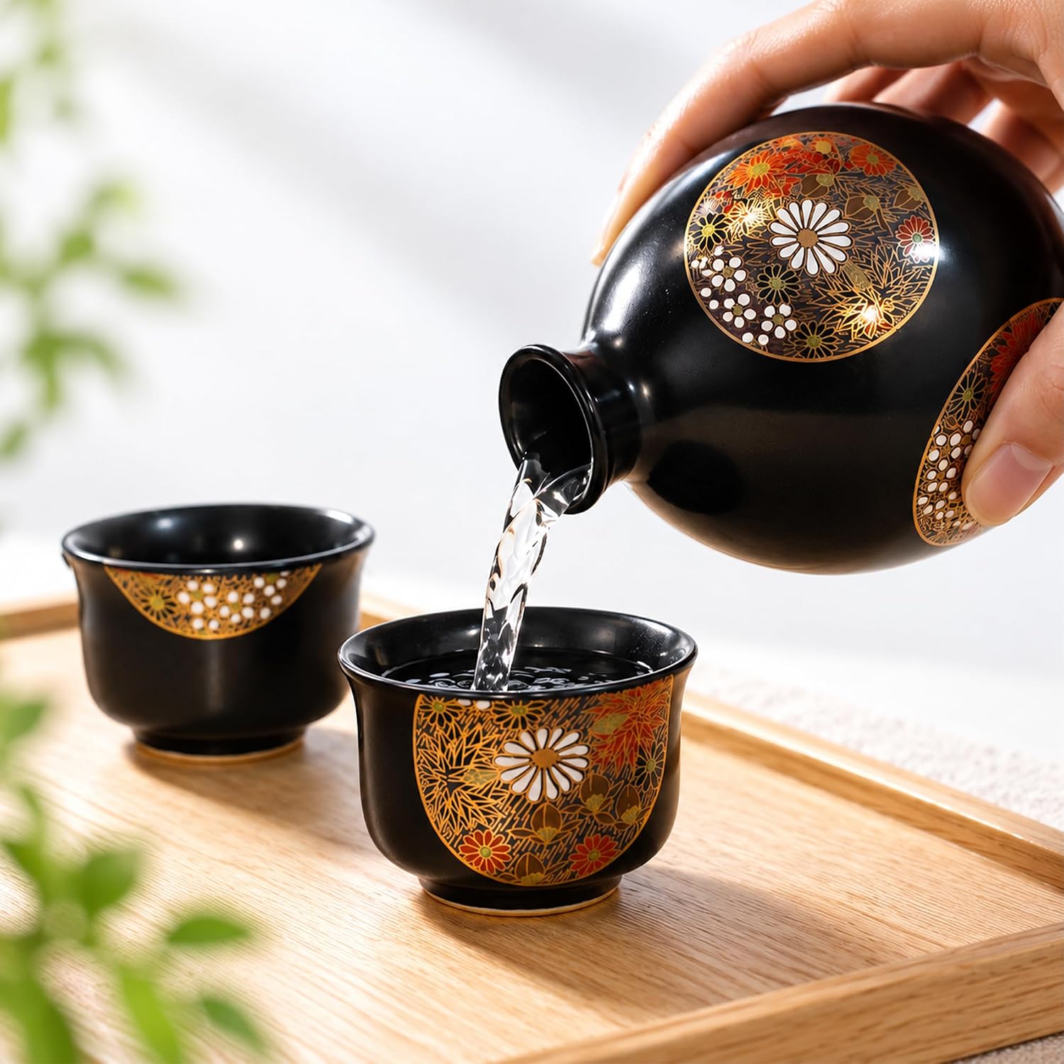 Japanese Kutani Sake Set with Decanter & 2 Cups – Made in Japan, Gold Hanazume Floral Design, Gift Box Included
