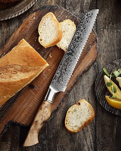 Vista 9 de HEZHEN Juego de cuchillos de cocina de Damasco, cuchillo de chef de estilo japonés de acero de damasco, cuchillo Santoku, mango de madera