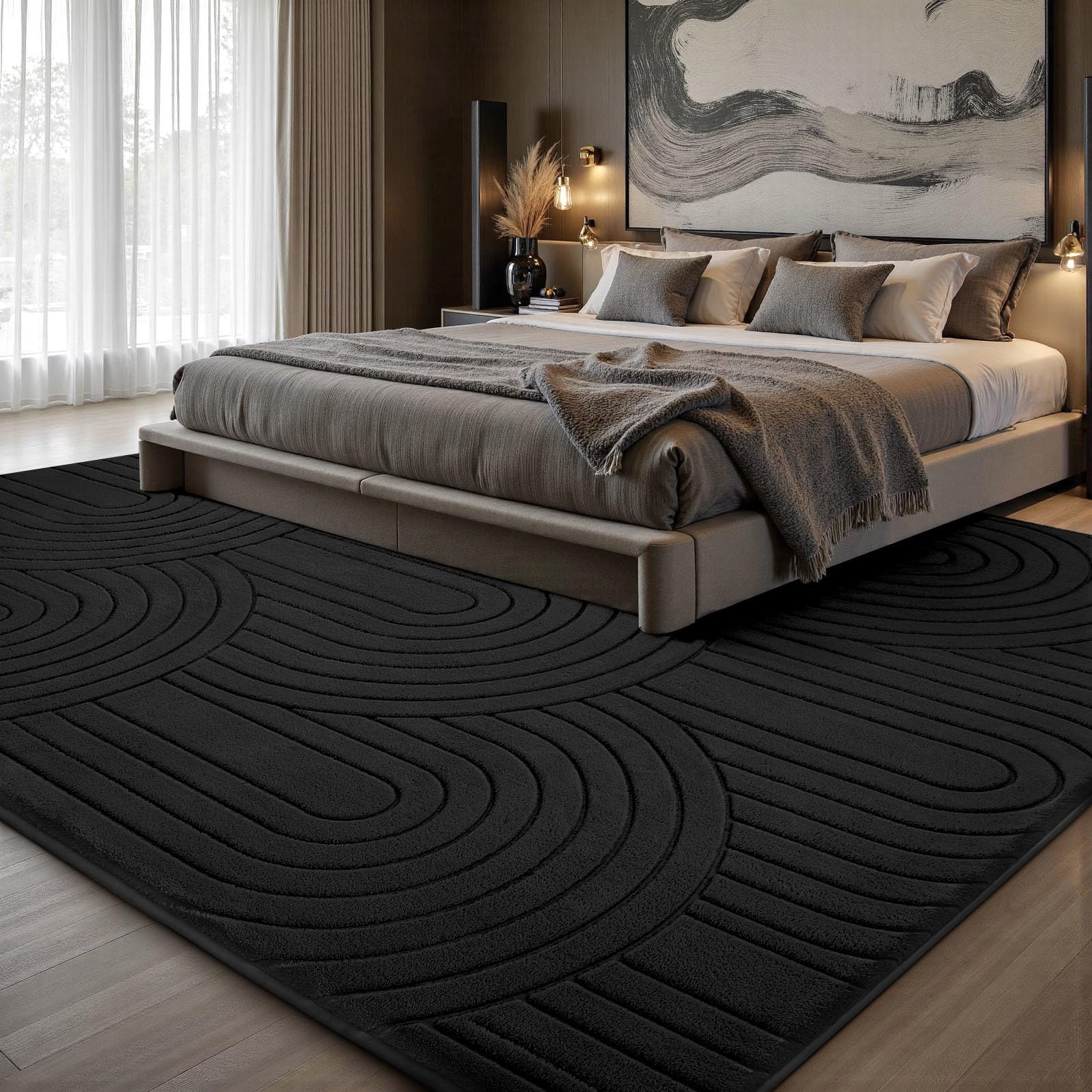 Sour Lemon Tappeto per soggiorno, 160 x 230 cm, motivo semicircolare 3D, nero, per camera da letto, extra large per soggiorno, lavabile in lavatrice, antiscivolo, a pelo corto, per camera dei bambini