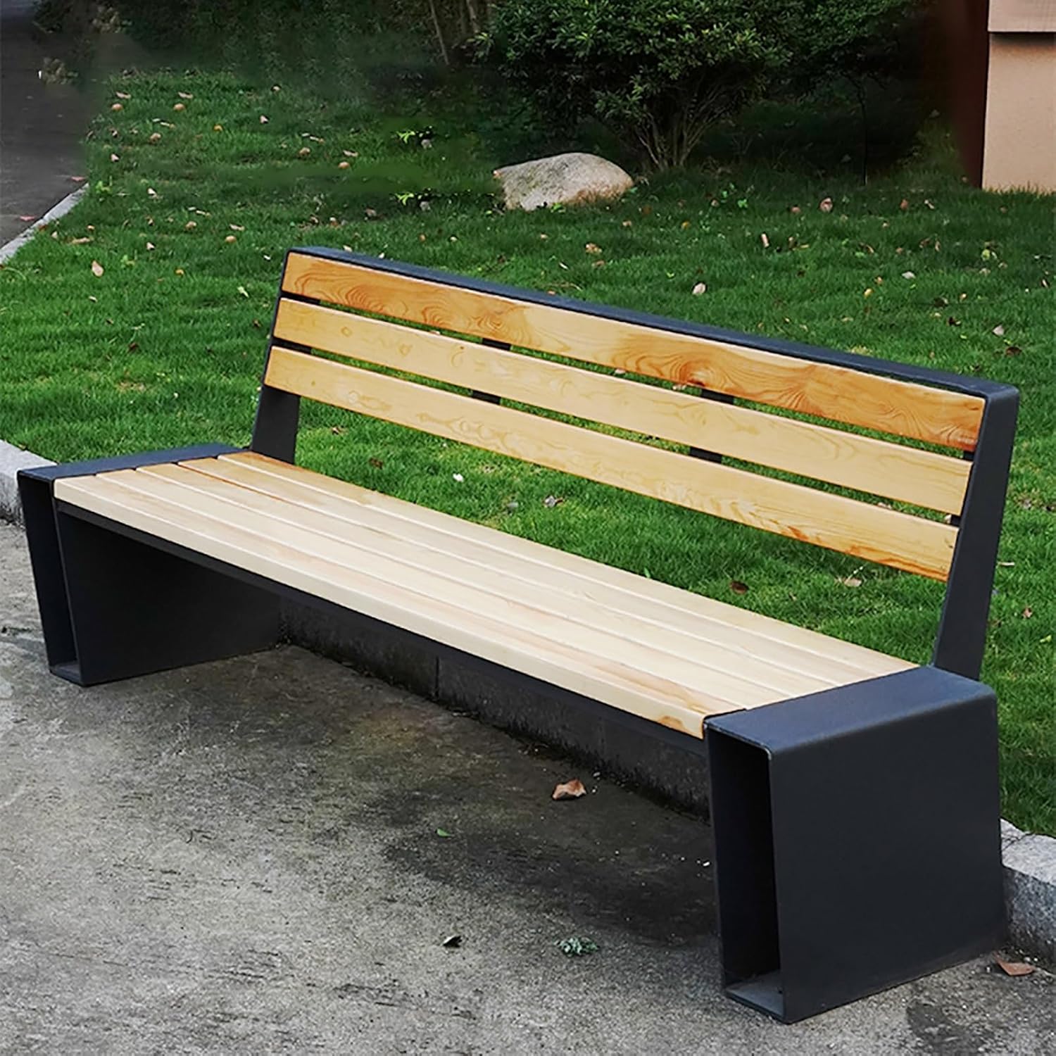 Outdoor Bench with Solid Wood Back, Garden Bench with Cast Steel Frame Legs, Seats 3 People, for Porch Yard Lawn Deck Park(160cm/69.2in)