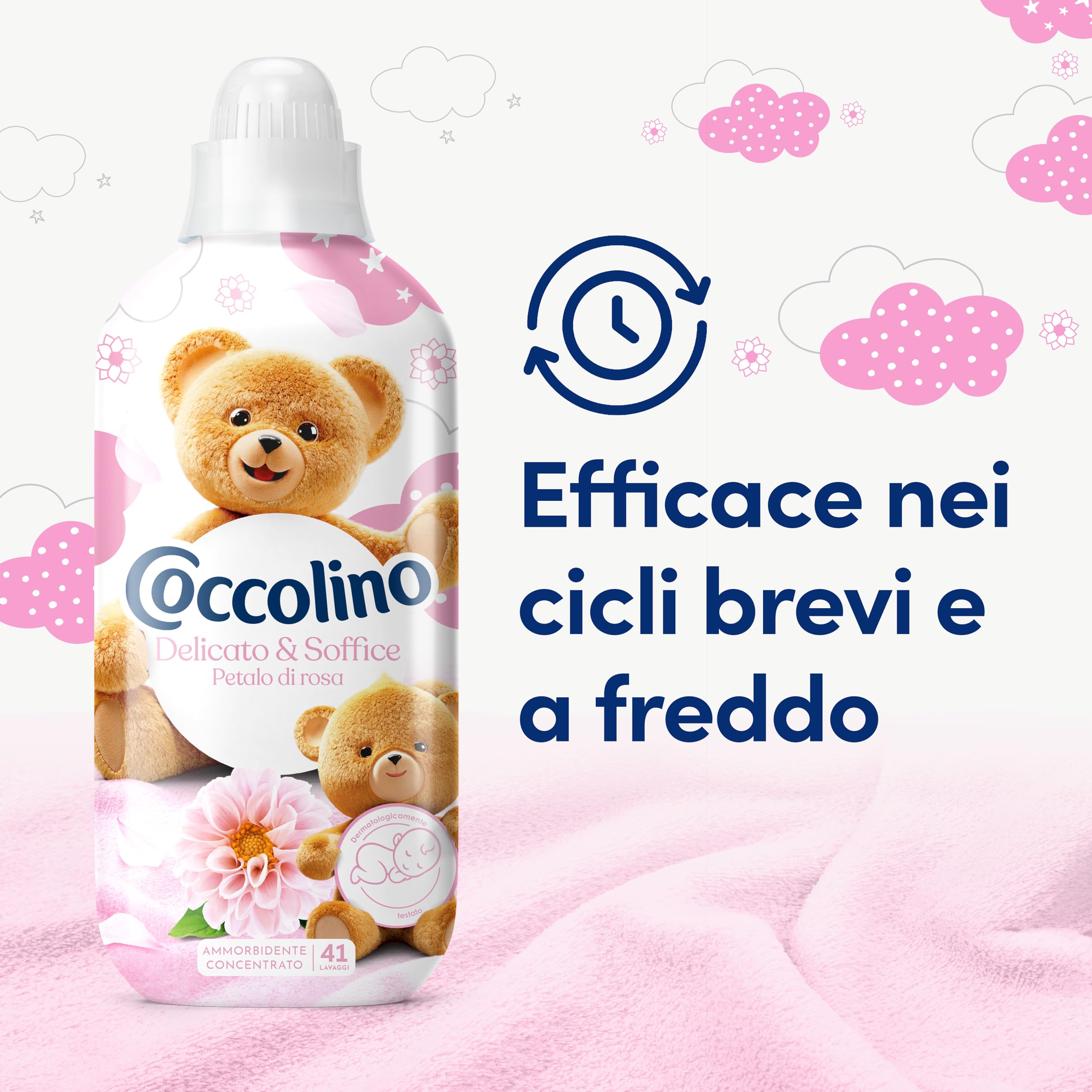 Coccolino Ammorbidente Concentrato Delicato e Soffice Petalo di Rosa, Ammorbidente Lavatrice Dermatologicamente Testato, Morbidezza Naturale, Freschezza Lunga, 41 Lavaggi, 8 x 952 ml