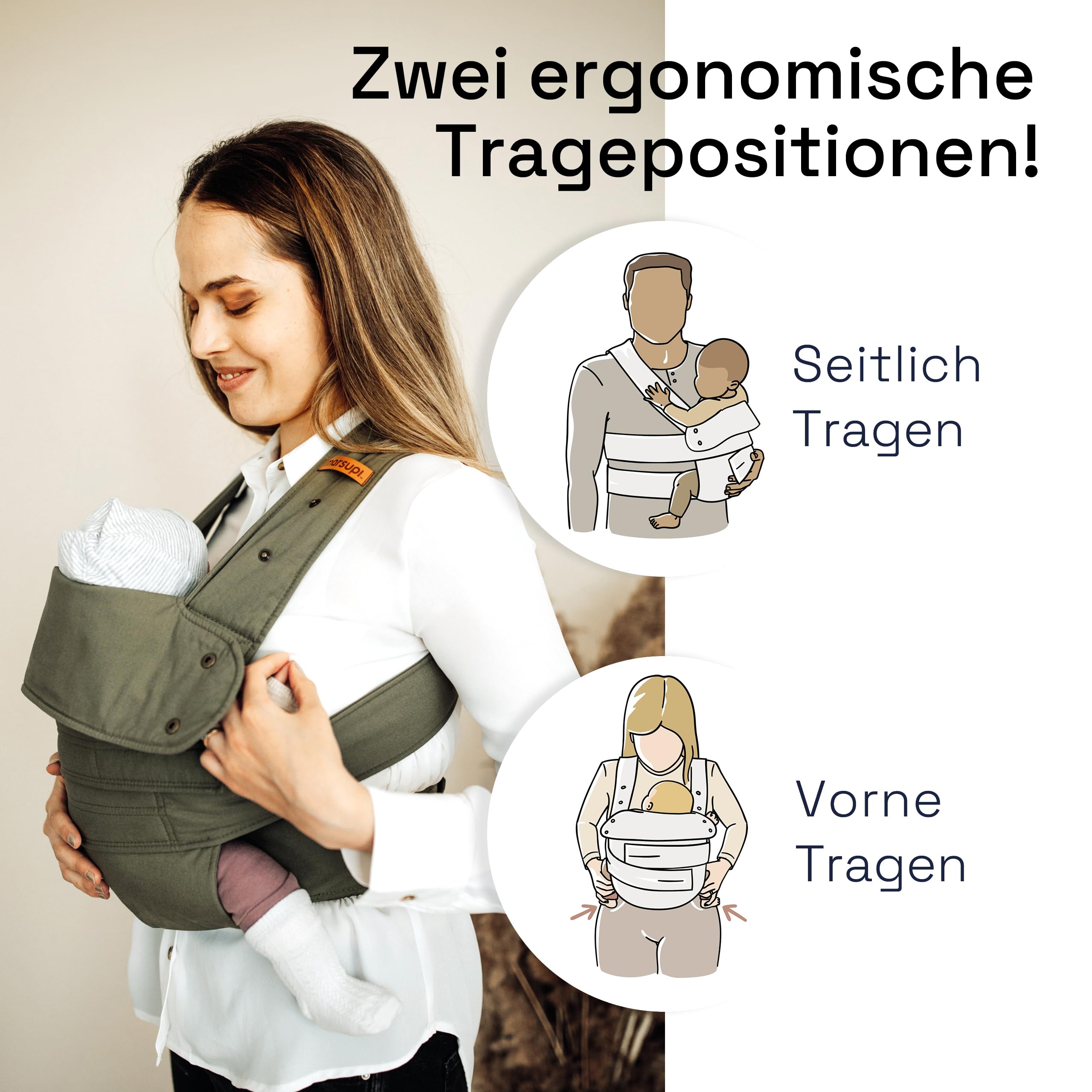 marsupi Babytrage für Neugeborene ab Geburt bis 15kg - kompakte Babytrage mit stabilem Klettsystem - aus luftigem Baumwoll-Leinen-Gewebe, Olive (L)